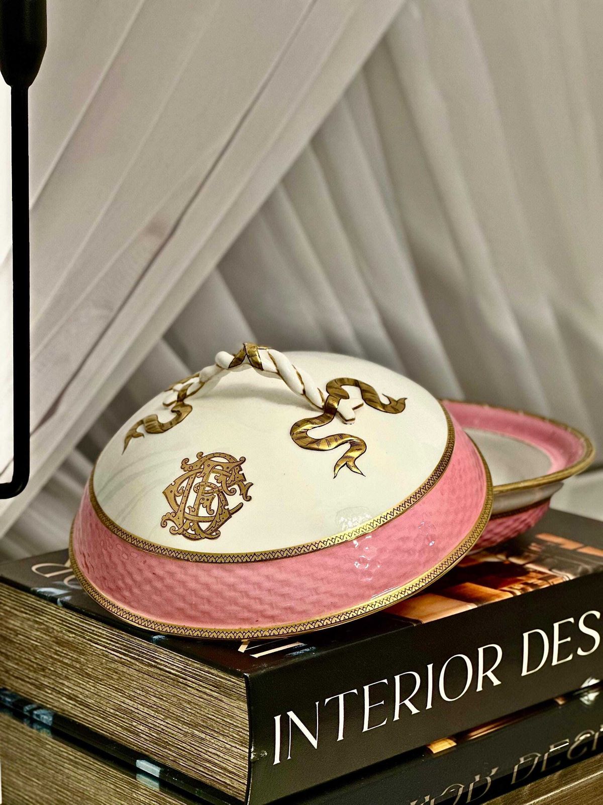19th Century French Old Paris Porcelain Tureen   Monogrammed With Pink & Gold Detailing   Circa 1860s photo furniture