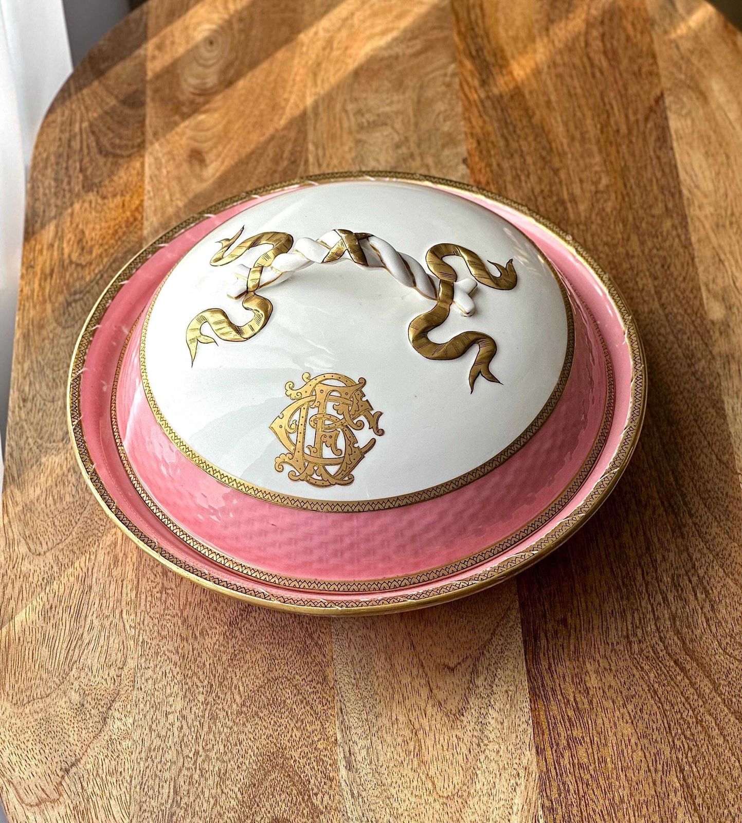 19th Century French Old Paris Porcelain Tureen   Monogrammed With Pink & Gold Detailing   Circa 1860s photo 255.0