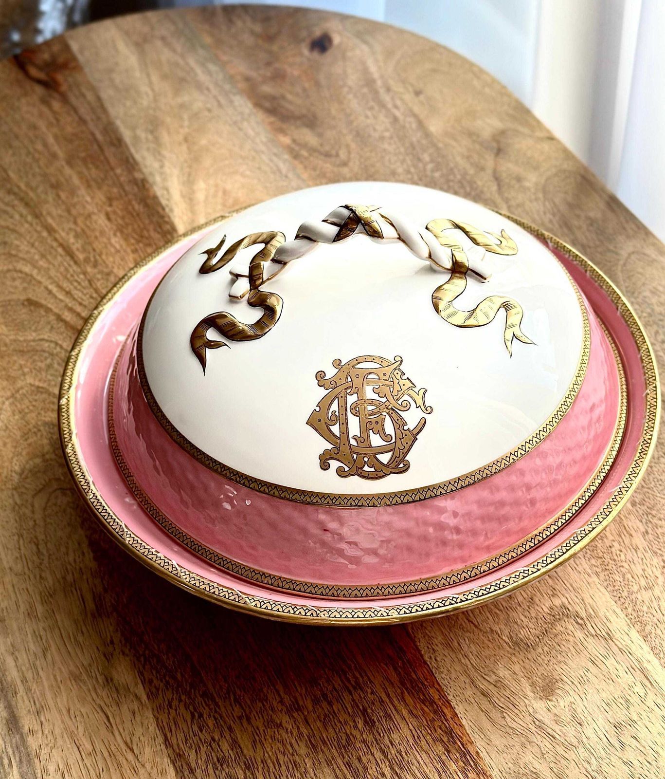19th Century French Old Paris Porcelain Tureen   Monogrammed With Pink & Gold Detailing   Circa 1860s photo buy