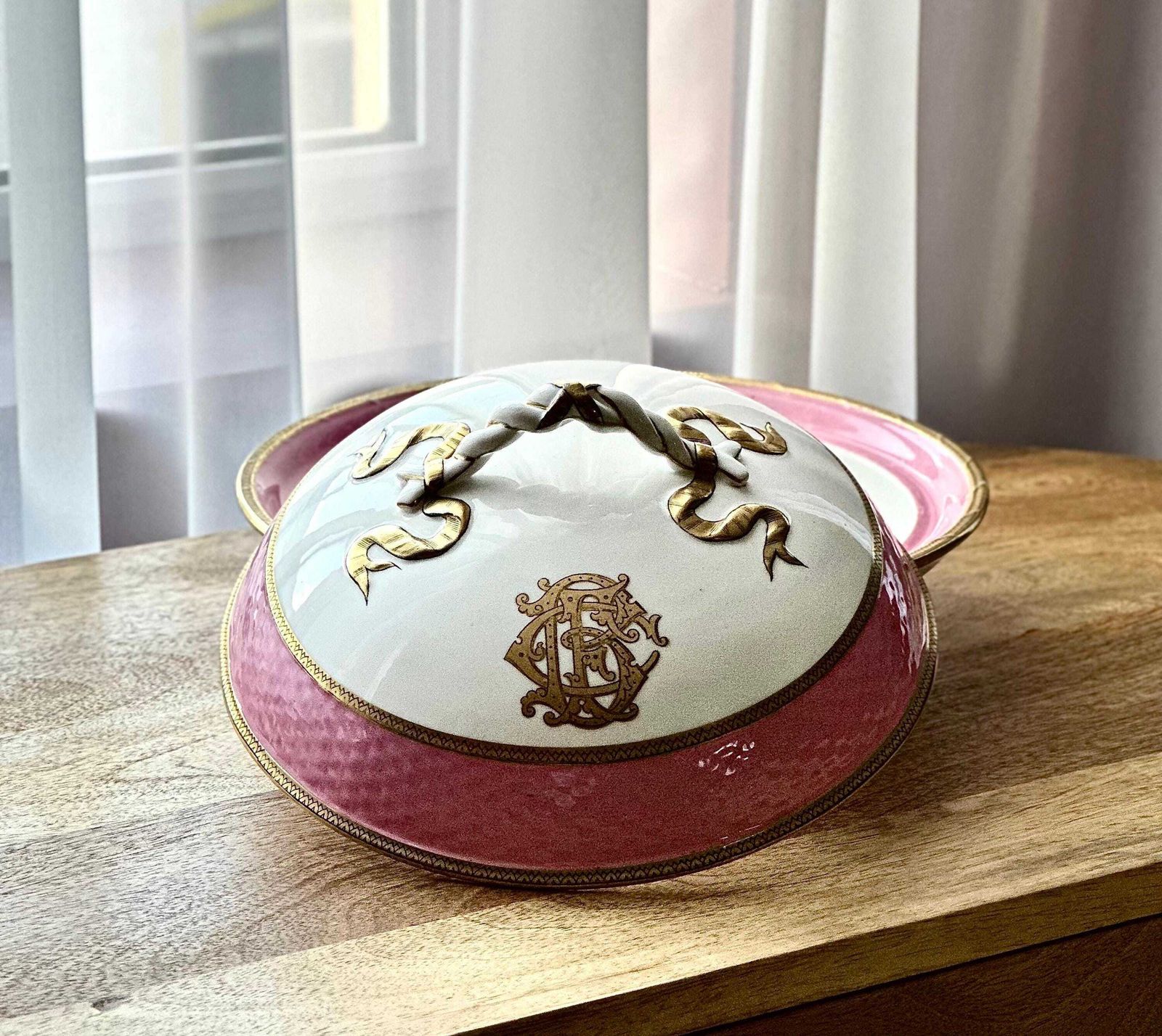 photo for sale 19th Century French Old Paris Porcelain Tureen   Monogrammed With Pink & Gold Detailing   Circa 1860s