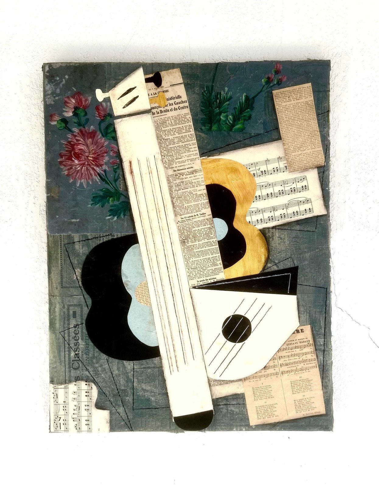 1930s French Cubism Collage And Painting On Canvas. Cubist Composition With Guitar. Modernism. Avant Garde. Modernist Music Instruments