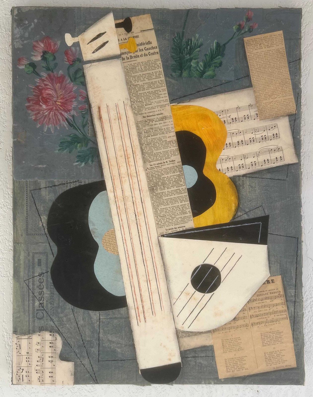 1930s French Cubism Collage And Painting On Canvas. Cubist Composition With Guitar. Modernism. Avant Garde. Modernist Music Instruments photo for sale