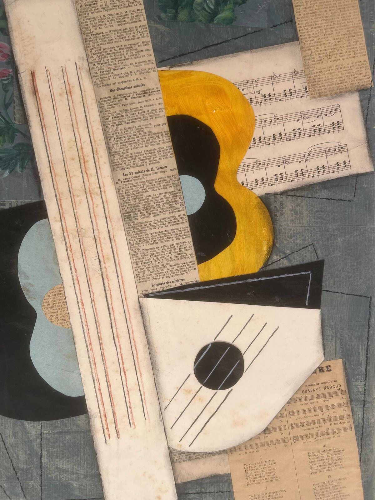 1930s French Cubism Collage And Painting On Canvas. Cubist Composition With Guitar. Modernism. Avant Garde. Modernist Music Instruments photo Home Decor