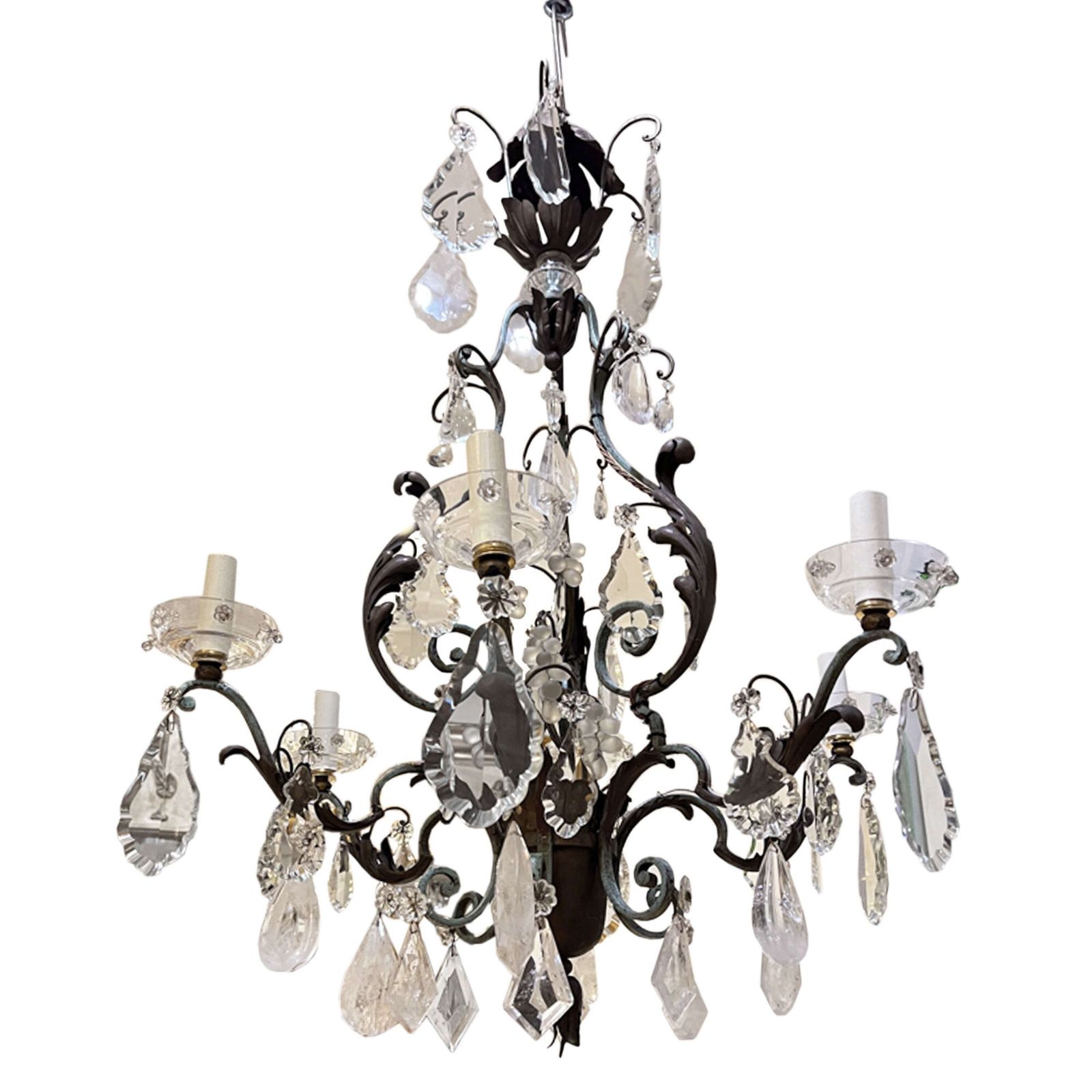Large French 1940s Wrought Iron & Tole Wear, Rock Crystal Chandelier photo furniture