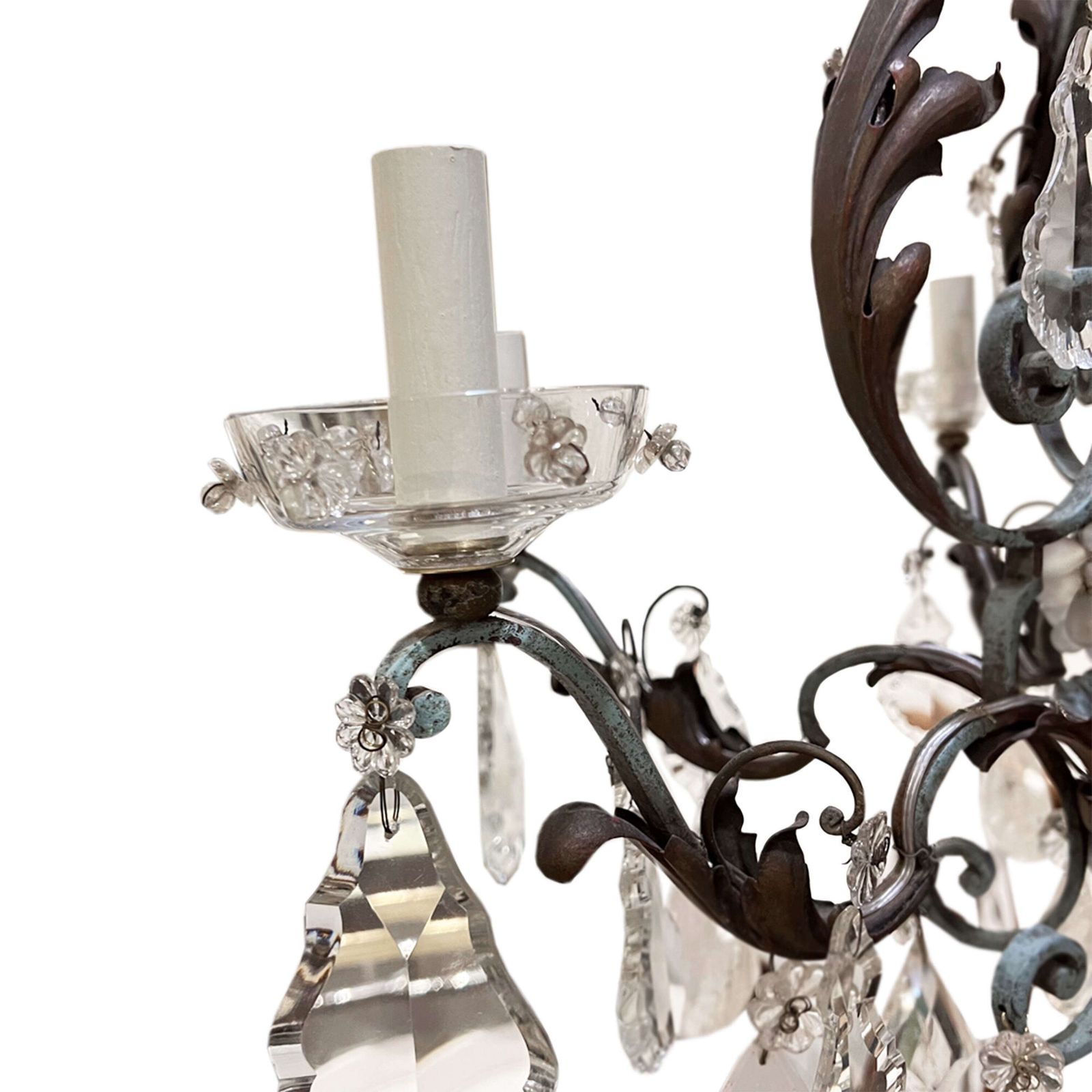 Large French 1940s Wrought Iron & Tole Wear, Rock Crystal Chandelier photo for sale