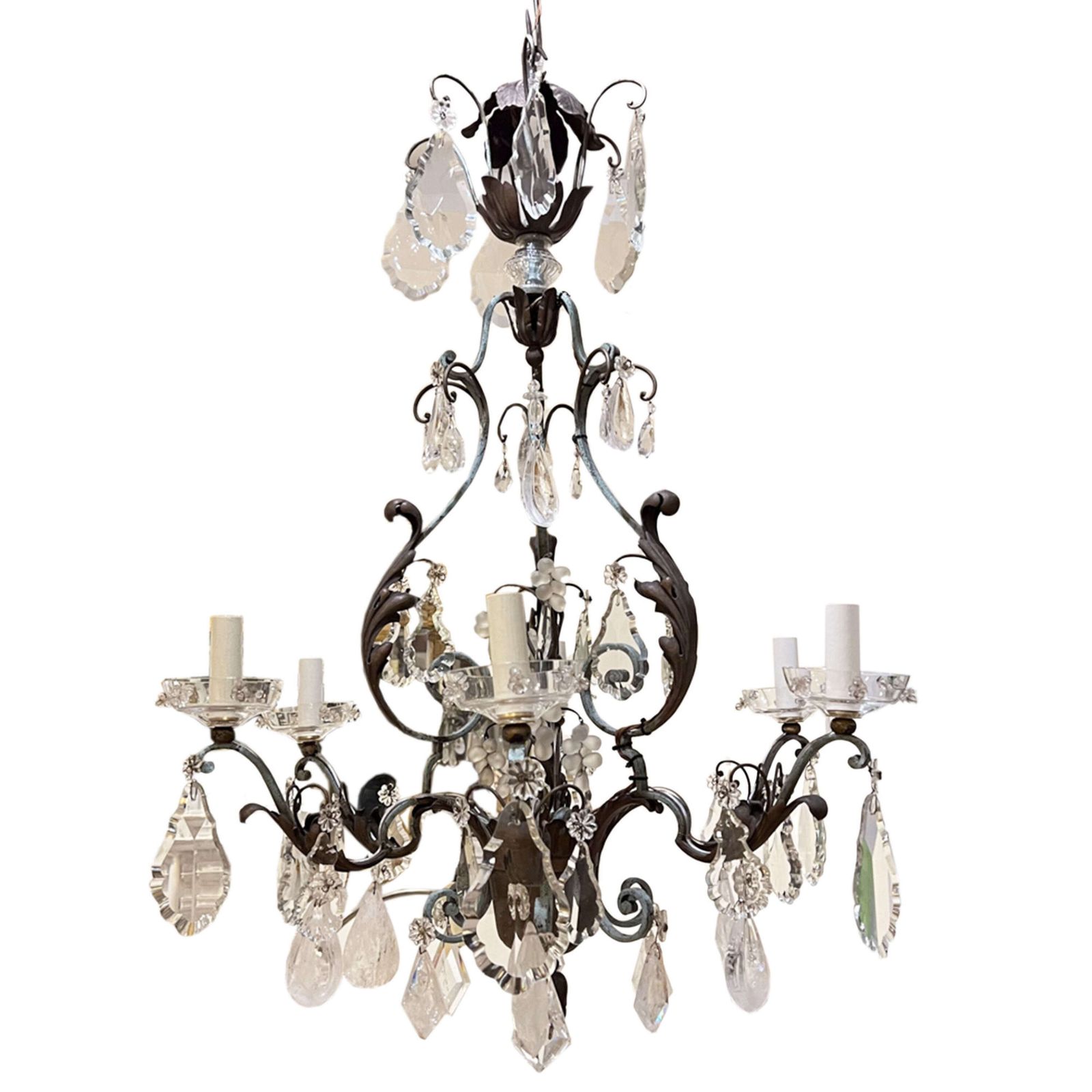 Large French 1940s Wrought Iron & Tole Wear, Rock Crystal Chandelier photo 3500.0