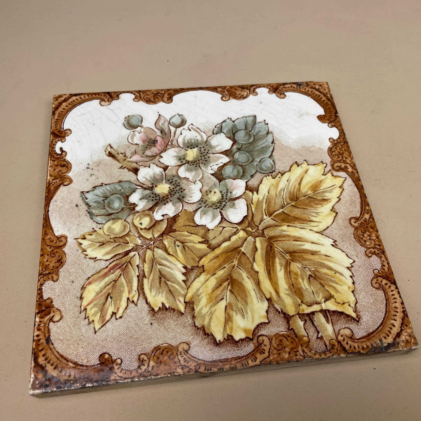 Antique Vintage Floral Tile Ceramic Square Old Floral Pattern 15.5x15.5cm Placemat Patterned Decorative Victorian Coaster Plant Stand Brown photo vintage
