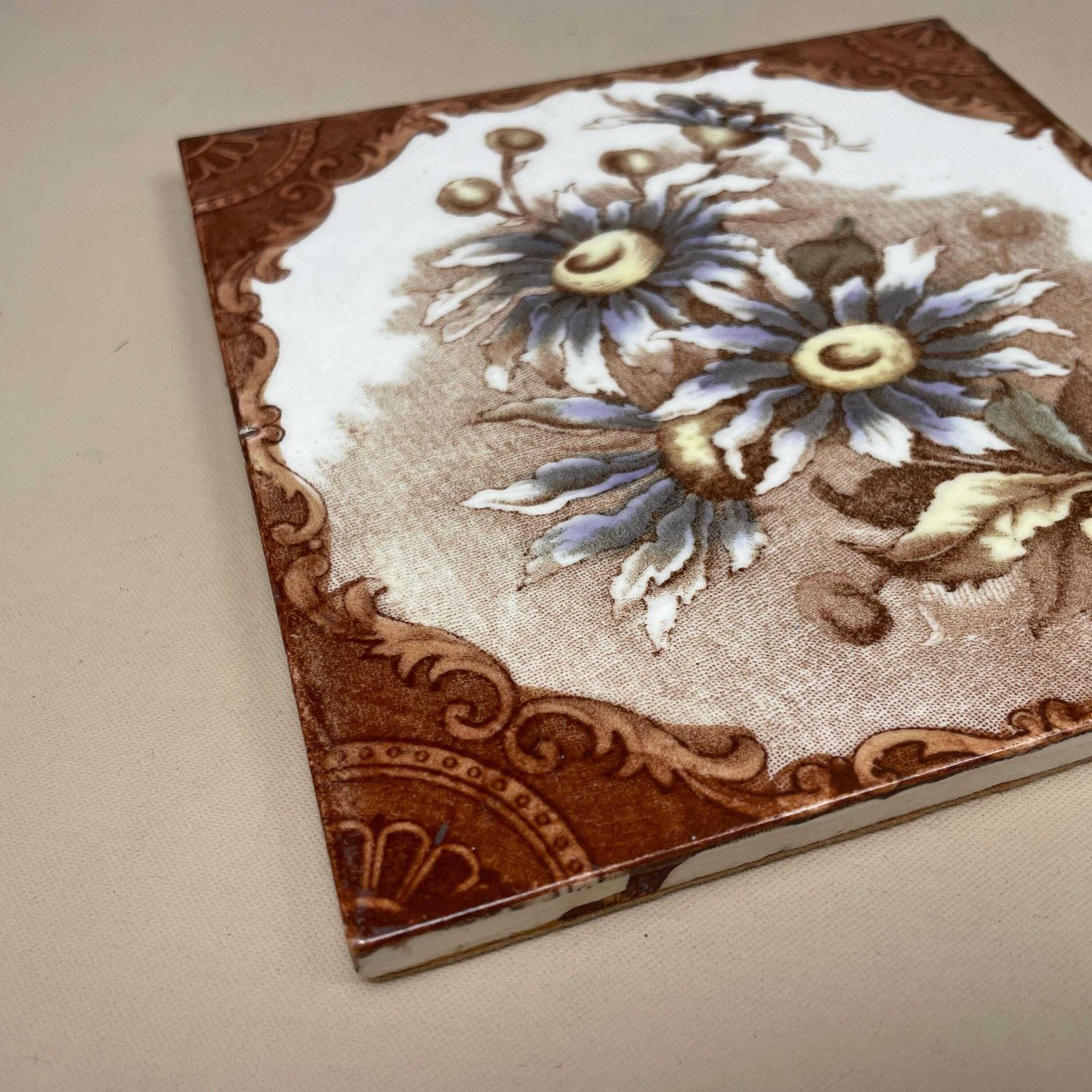 Antique Vintage Floral Tile Ceramic Square Old Floral Pattern 15.5x15.5cm Placemat Patterned Decorative Victorian Coaster Plant Stand Brown photo Home Fixtures