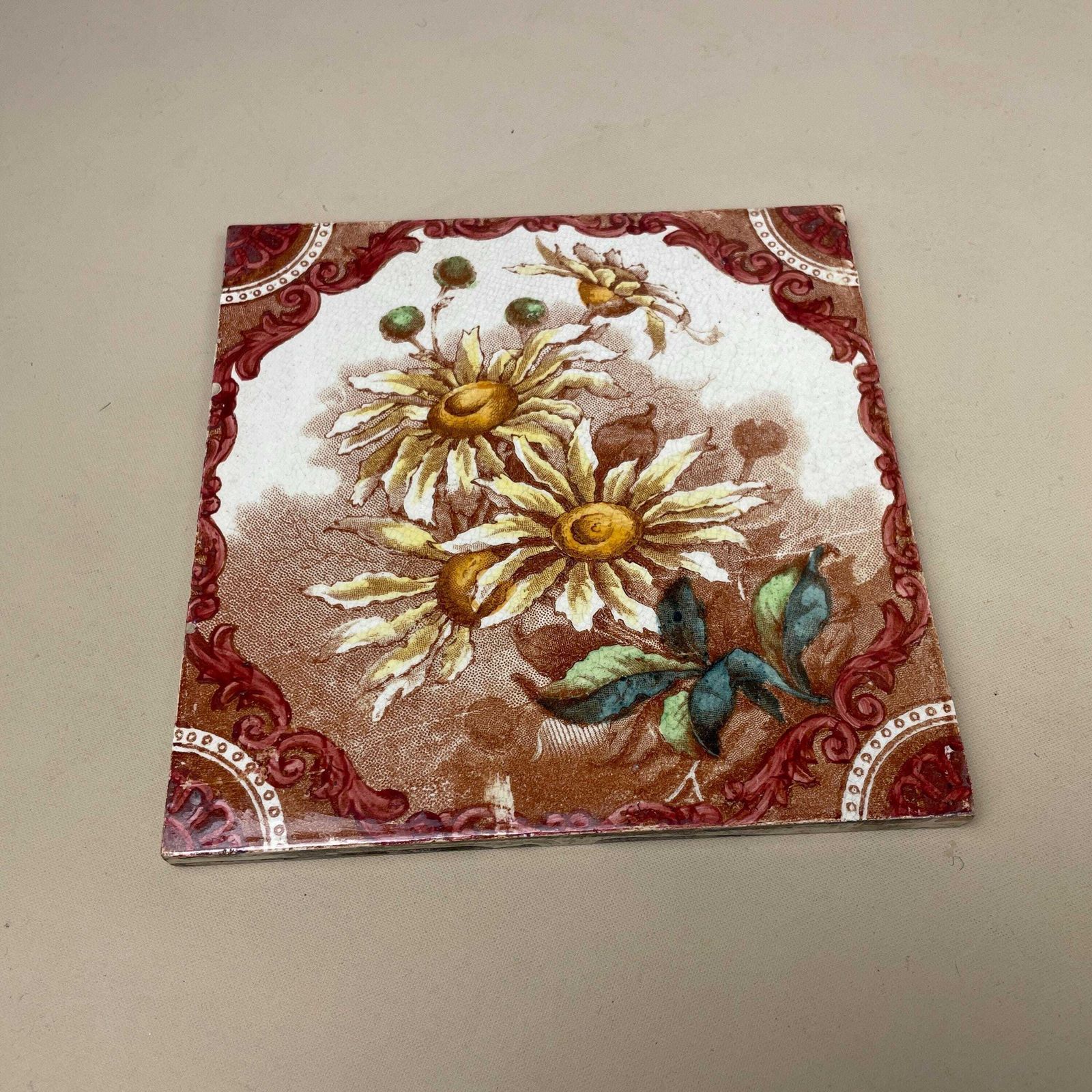 Antique Vintage Floral Tile Ceramic Square Old Floral Pattern 15.5x15.5cm Placemat Patterned Decorative Victorian Coaster Plant Stand Brown