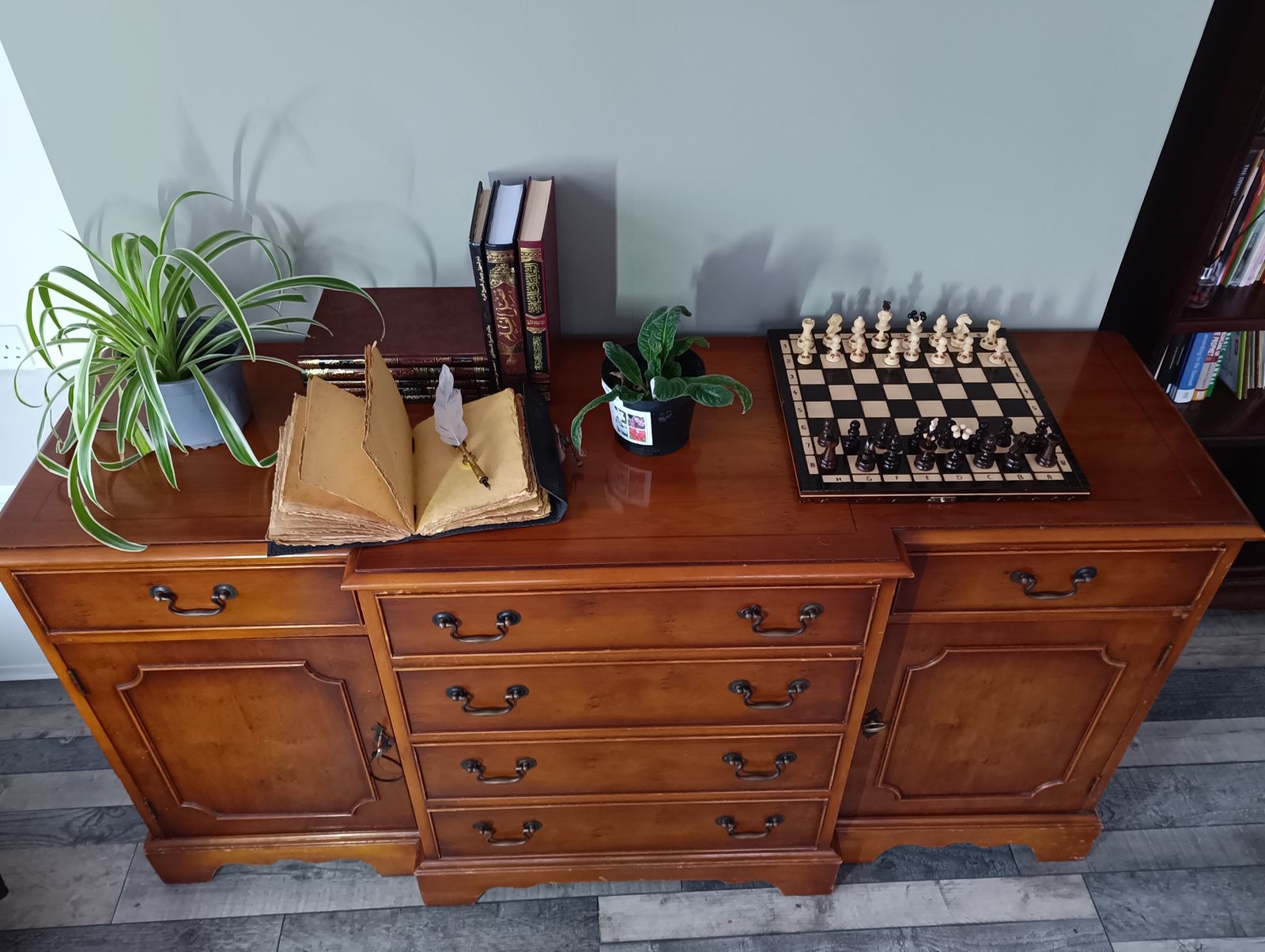 Burr & Burl Yew Wood Faux Drawer Fronted Library Bookcase Sideboard With Shelves photo for sale