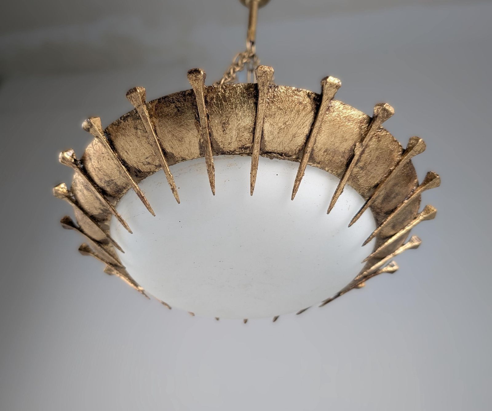 Sun Lamp Made Of Forged Nails With Gold Leaf And Opaline photo Lighting