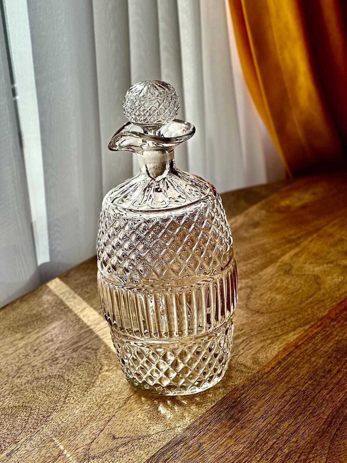 photo furniture 19th Century Irish Barrel Shaped Glass Decanter  Molded Diamond Design C. 1820 1830