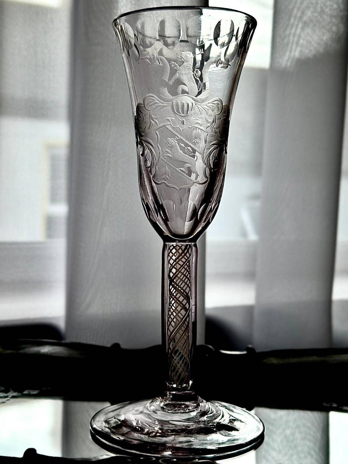 19th Century Continental Armorial Glass  Opaque Twist Stem  Engraved Lion Rampant  18th Century Style photo Home Decor