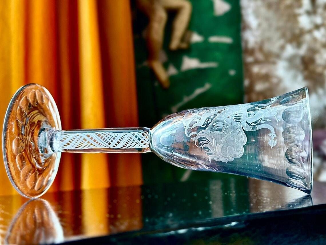 19th Century Continental Armorial Glass  Opaque Twist Stem  Engraved Lion Rampant  18th Century Style photo 359.0