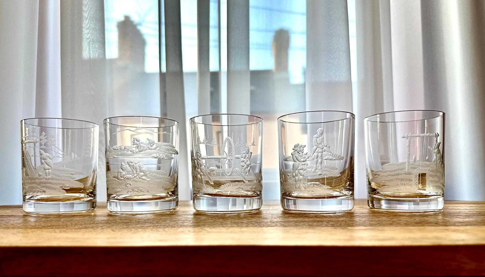 Set Of 5 Vintage Bohemian Engraved Whiskey Glasses, Etched Crystal Tumbler Set, Mid Century Barware, Whiskey Lover Gift photo for sale