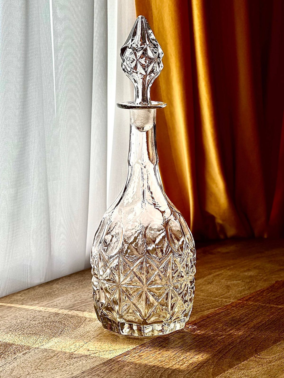 Victorian Glass Decanter With Faceted Stopper, Diamond & Oval Moulded Design, Antique Crystal Bottle C.1870 photo for sale