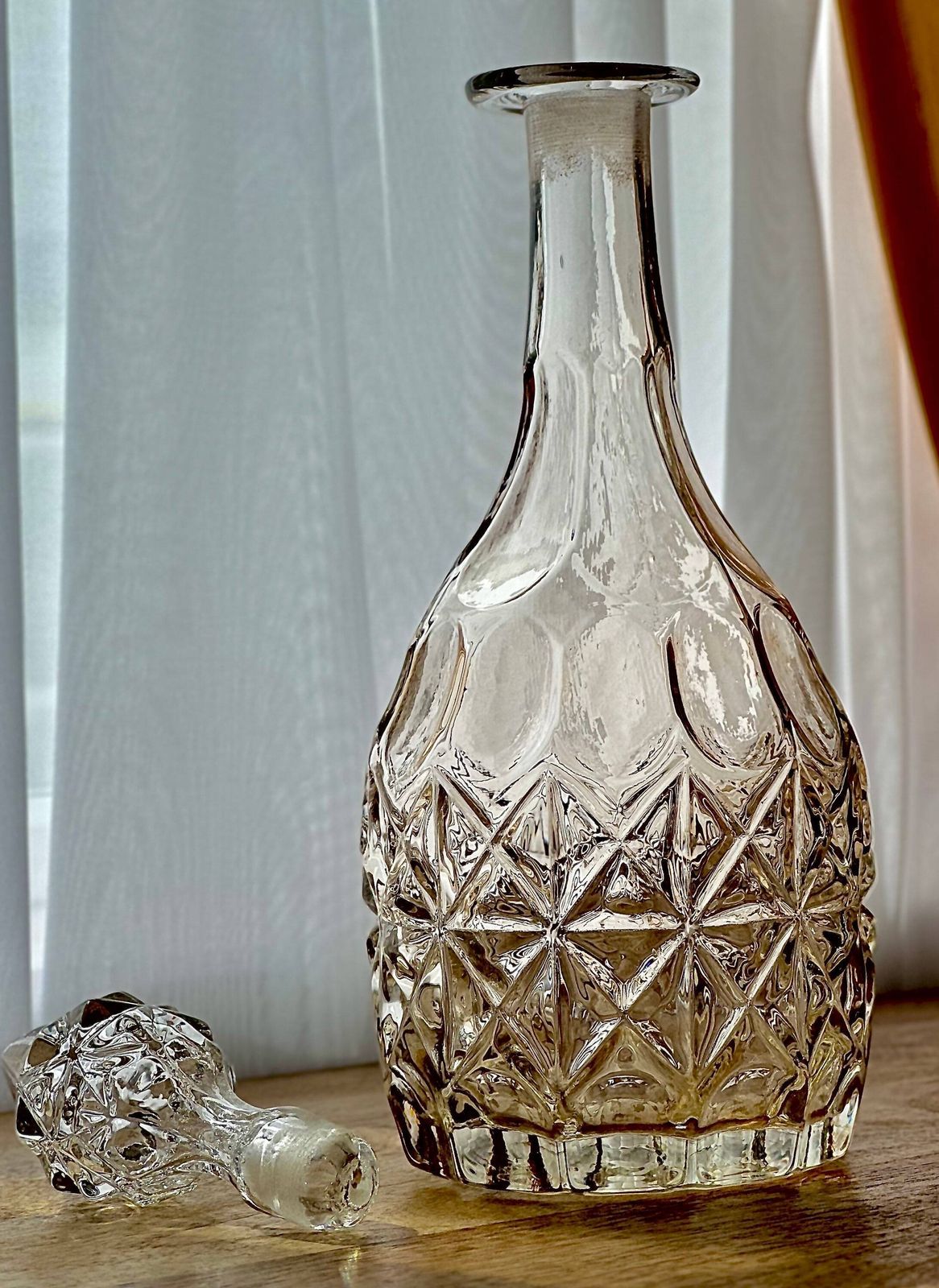 Victorian Glass Decanter With Faceted Stopper, Diamond & Oval Moulded Design, Antique Crystal Bottle C.1870 photo buy
