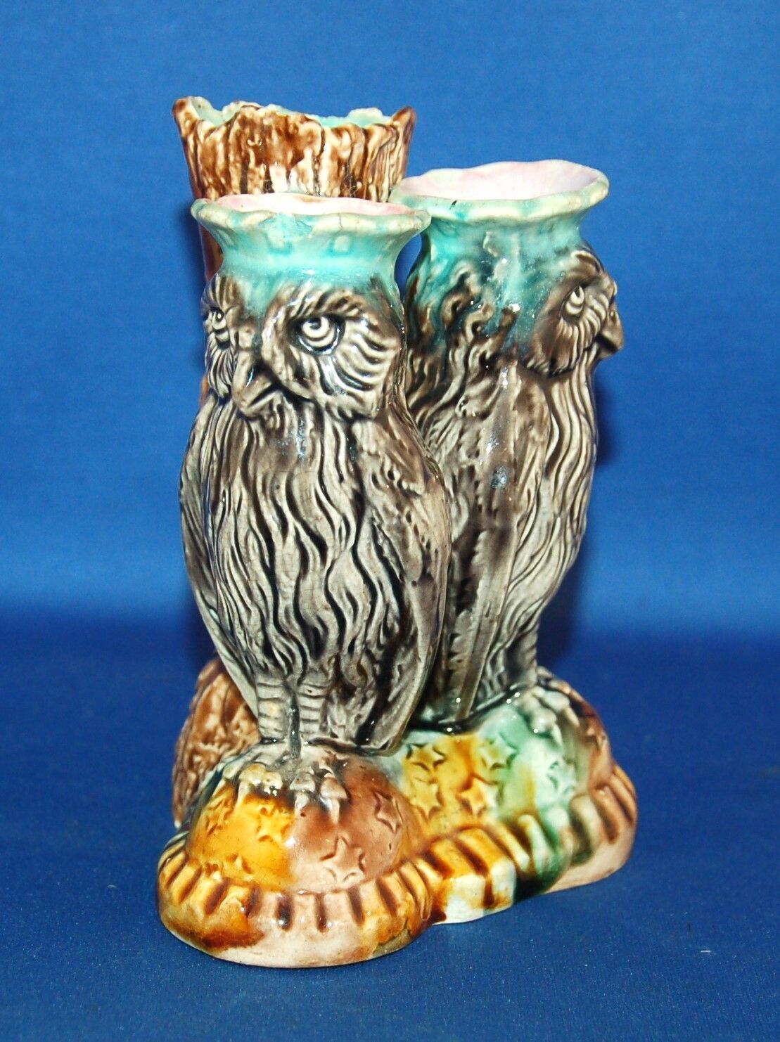 An Antique 19th Century Majolica Porcelain Dual Owl Bird Posy Vase photo furniture