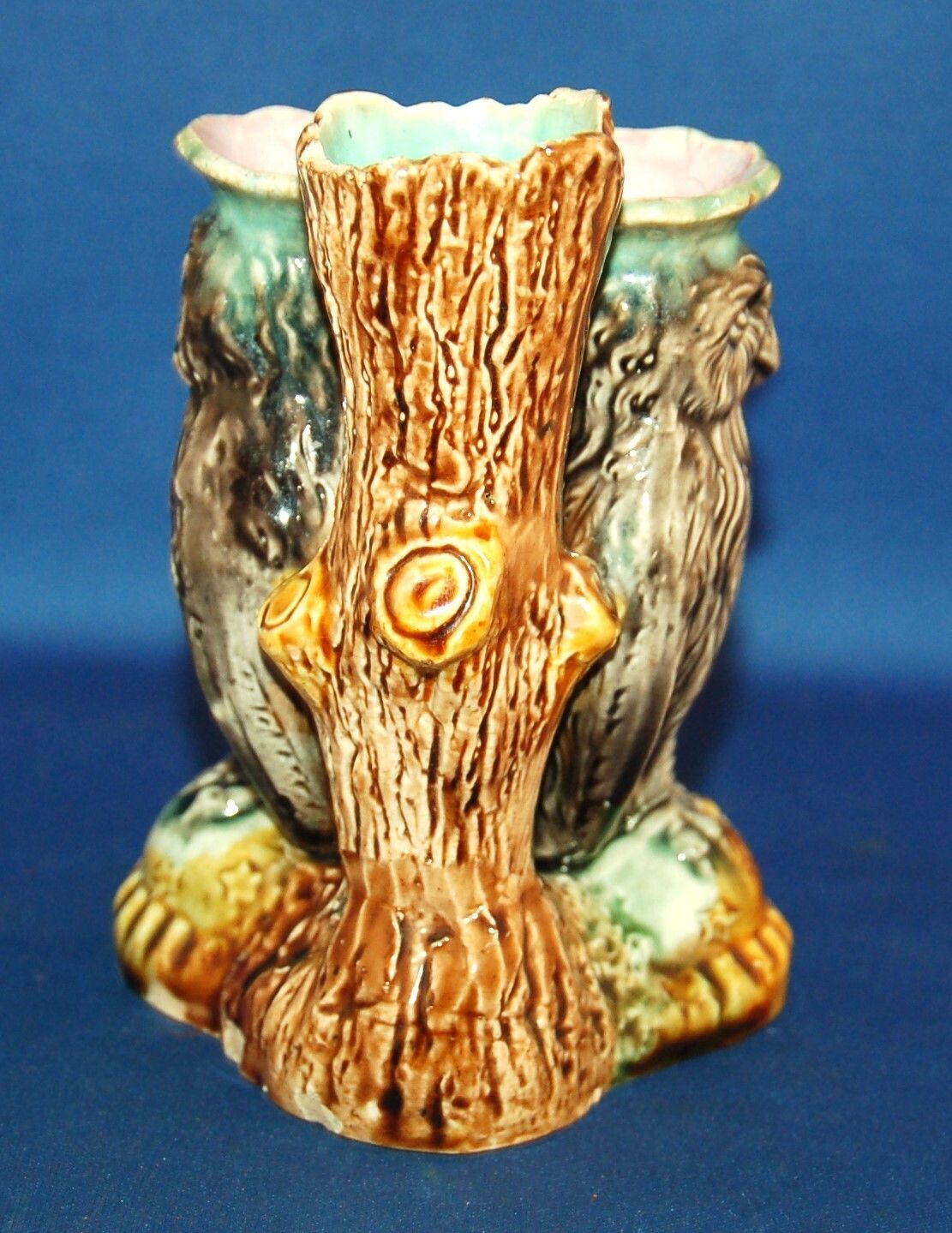 An Antique 19th Century Majolica Porcelain Dual Owl Bird Posy Vase photo for sale
