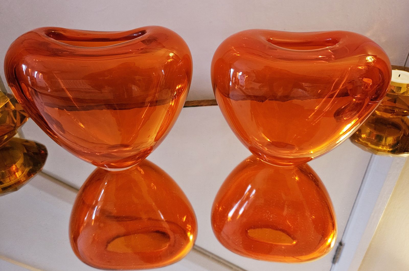 Pair Of Chunky Glass Heart Vases In Electric Orange photo Home Decor