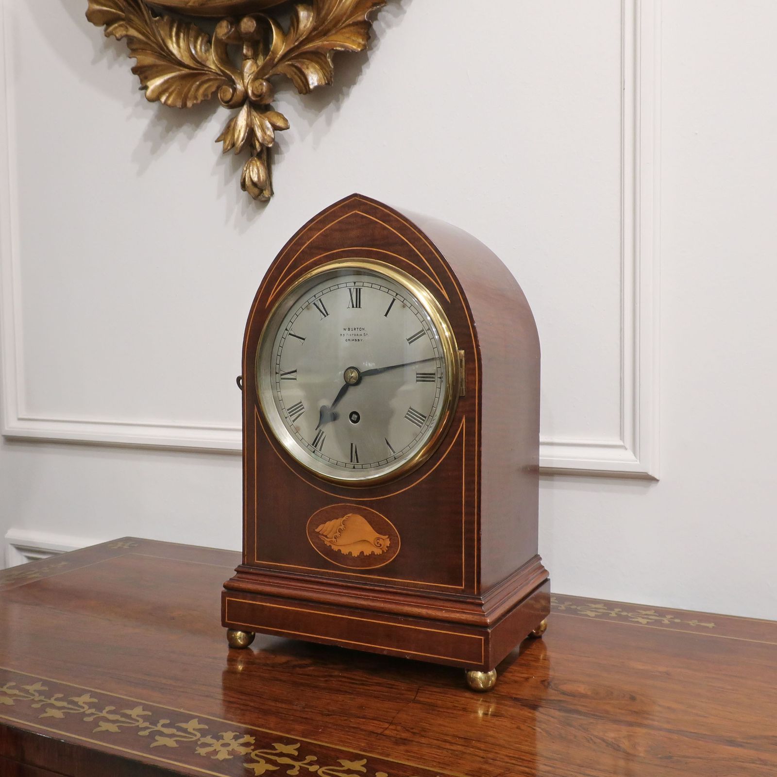 Edwardian Mahogany Single Fusee Timepiece Mantel Clock By W. Burton