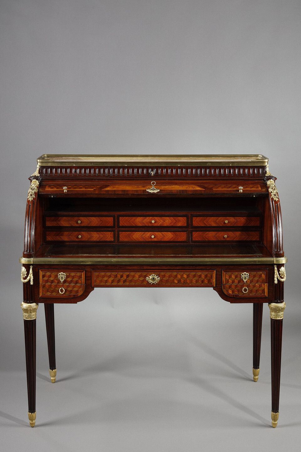 Louis XVI Style Cylinder Desk In Marquetry And Gilt Bronzes, Late 19th Century photo furniture