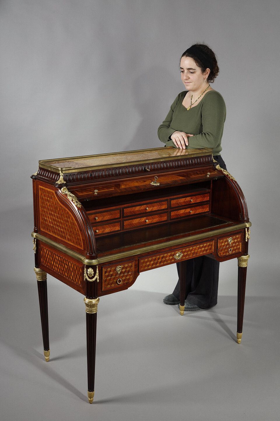 Louis XVI Style Cylinder Desk In Marquetry And Gilt Bronzes, Late 19th Century photo for sale