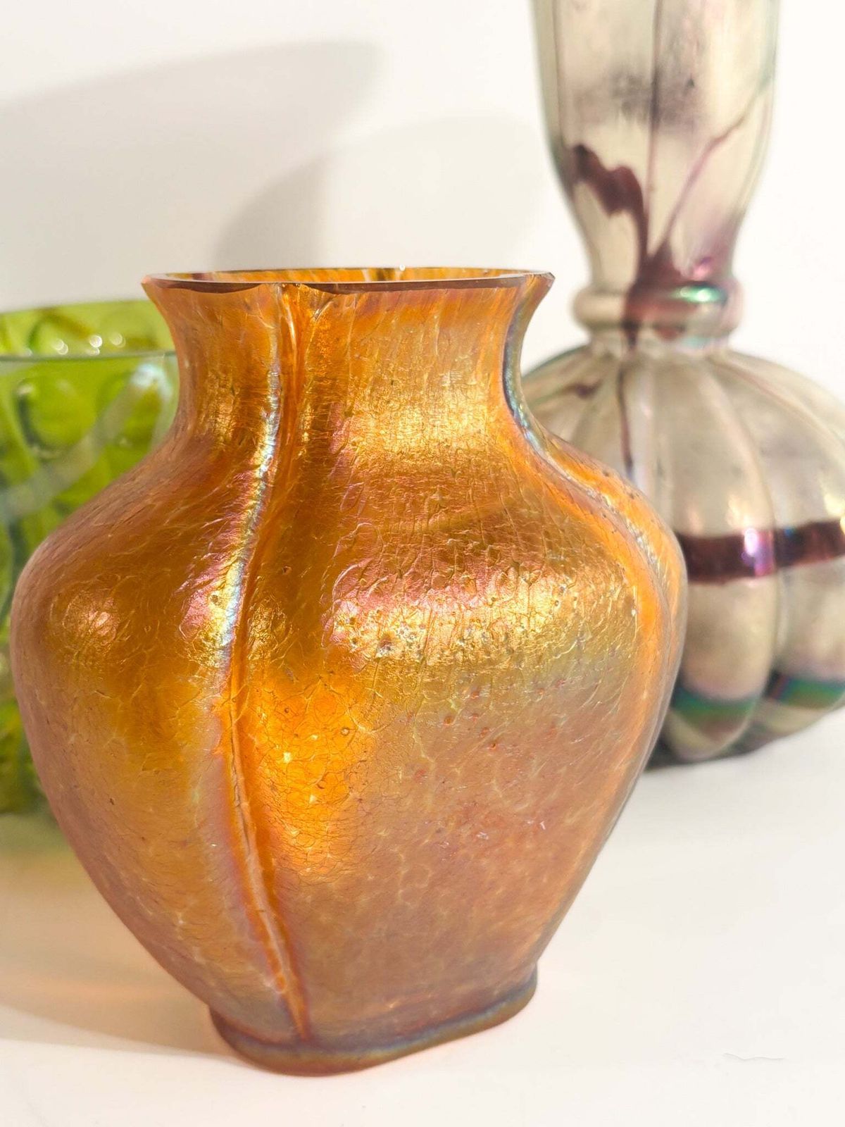 photo for sale Loetz Glass Vase Pink And Orange Iridescent 1950s