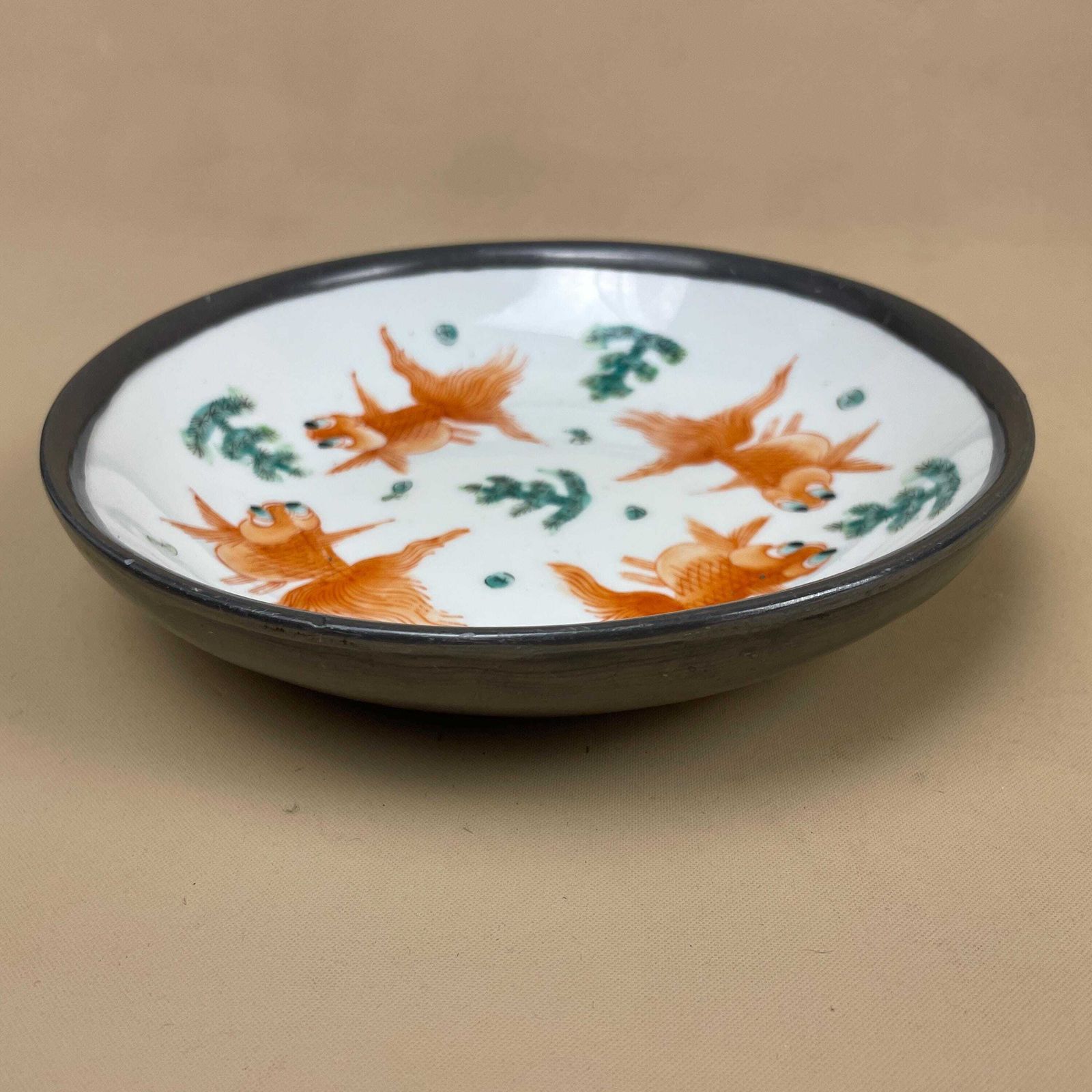 Antique Oriental Ceramic Hand Painted Fish Bowl Plate Chinese Decorative Asian Round Porcelain Metal Back White Orange 19.5cm Key Dish Coin photo for sale