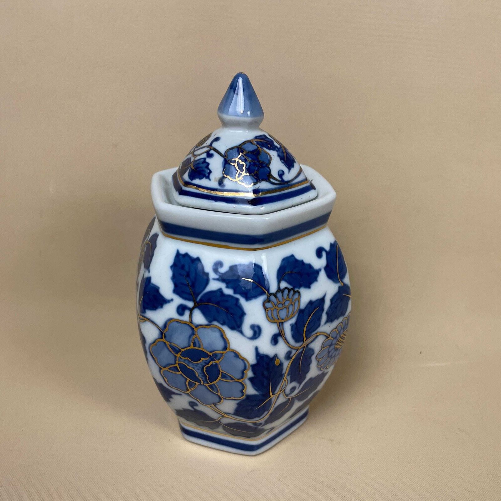 Oriental Chinese Vase Decorative Ceramic Pot Antique Asian Hand Painted Blue White Prunus Pattern Floral Lidded Lid Decorative Small photo for sale