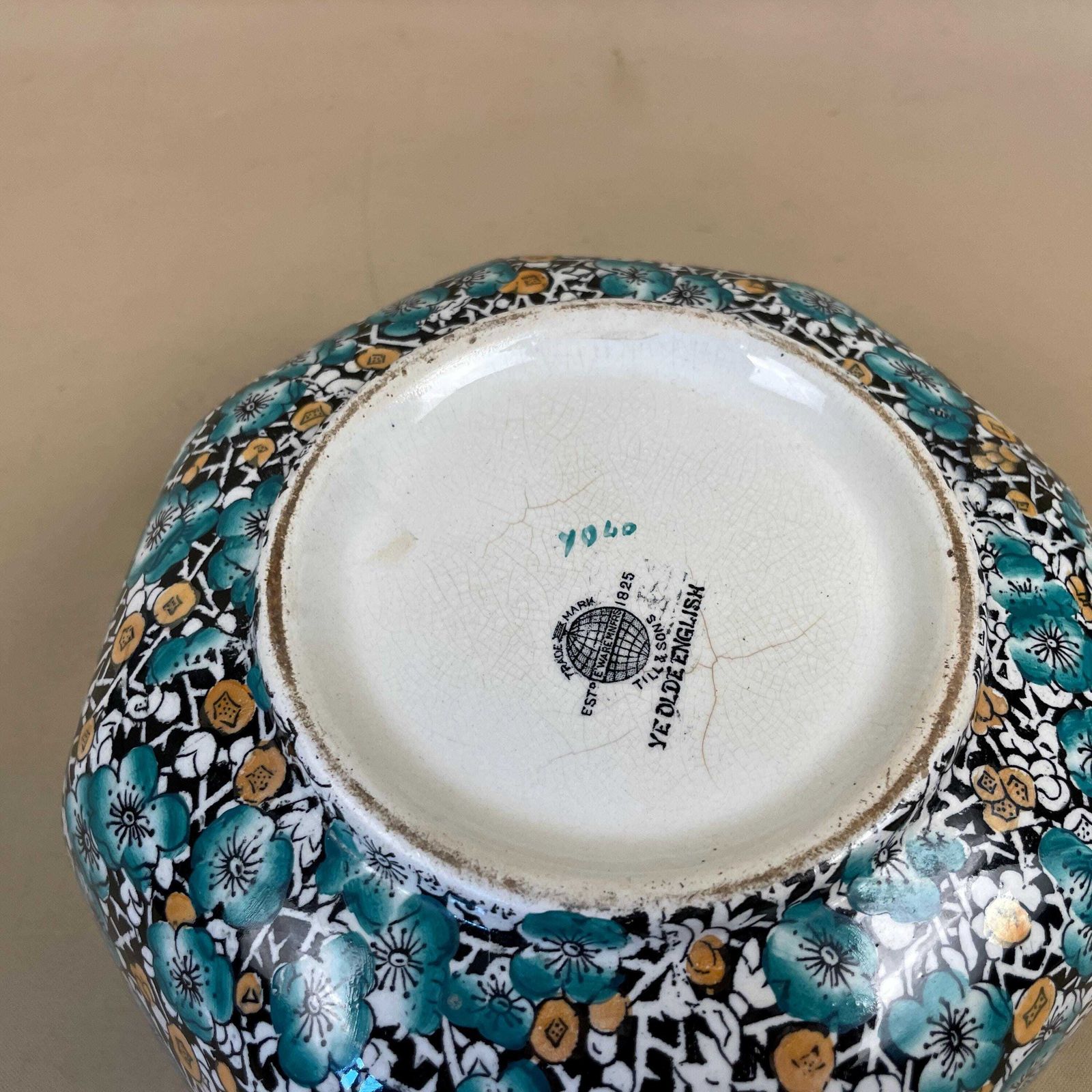 Antique Till & Sons Ceramic Hand Painted Floral Bowl Plate Decorative Porcelain 20cm Across Patterned Pattern Blue White Black photo buy