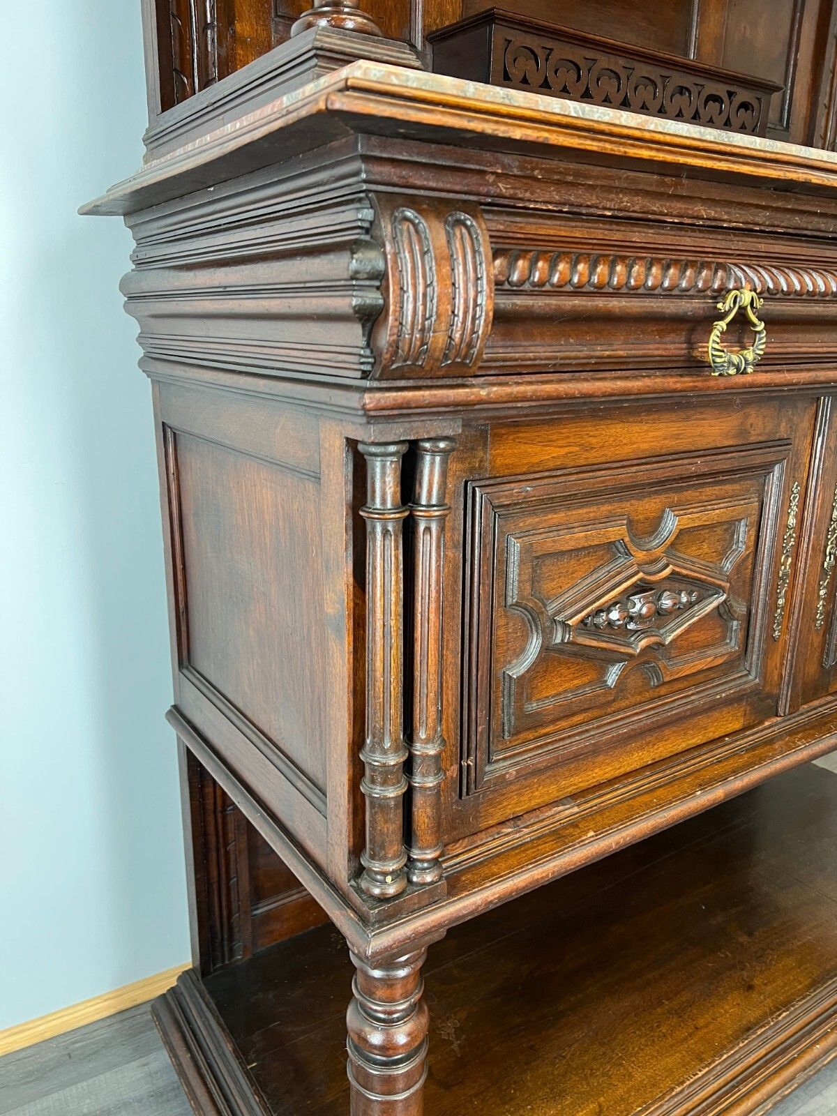 Furniture Sideboard Antique French Walnut Marble Cabinet Cupboard Display Lot 3576 photo