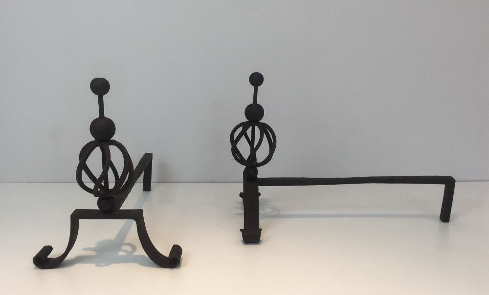 In The Style Of Jean Royère. Pair Of Wrought Iron Andirons. French. Circa 1940 photo Home Fixtures
