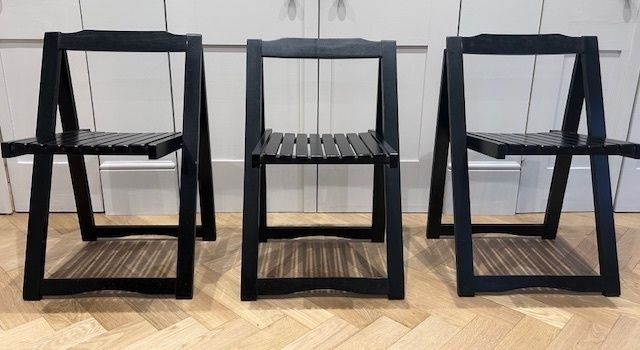 Vintage Black Folding Chairs. Striking Design Piece. photo furniture