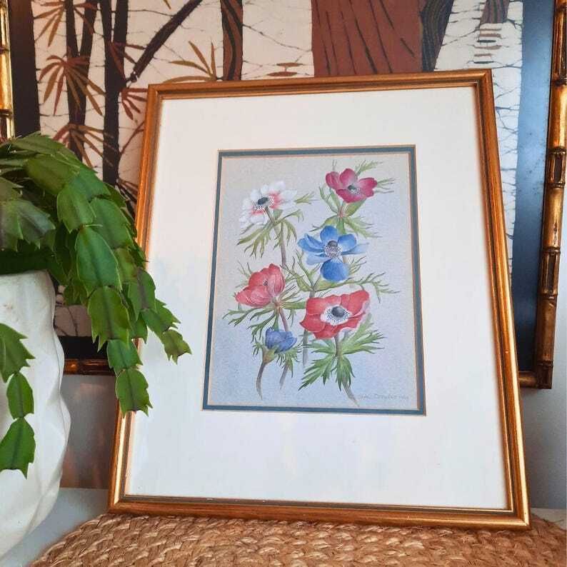 Original Botanical Watercolor By Joane Osborne 1994 Golden Framed Original Framed Art photo vinterior