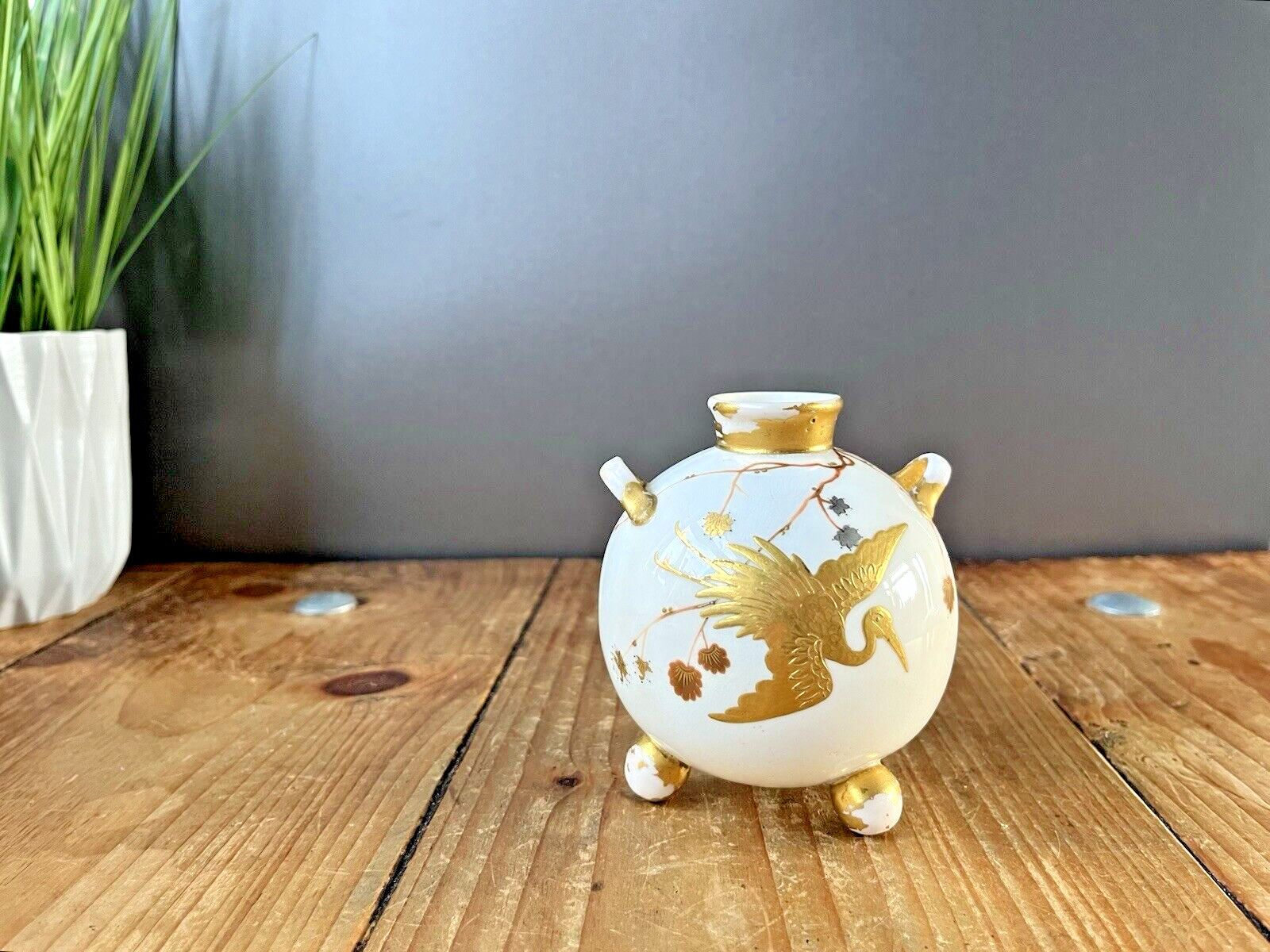 Antique 1875 Royal Worcester Aesthetic Movement Heron Butterfly Bulbous Bud Vase photo furniture