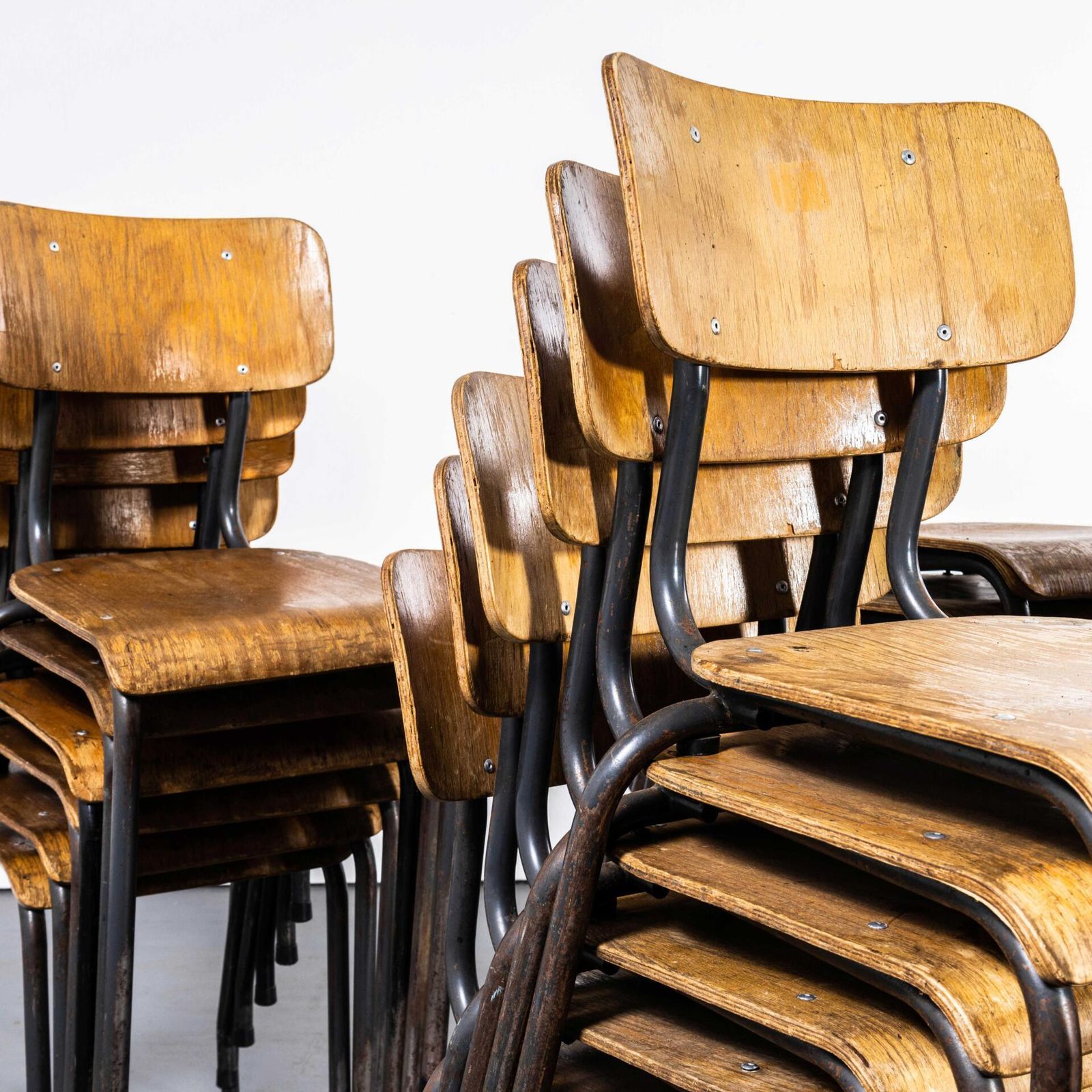 1960’s Original Battle Grey French Stacking University Dining Chairs – Good Quantity photo furniture