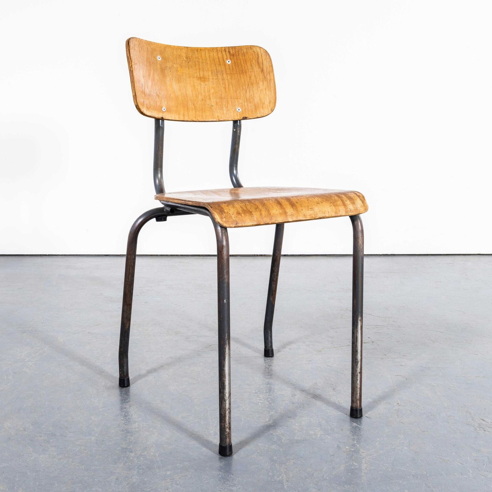 photo for sale 1960’s Original Battle Grey French Stacking University Dining Chairs – Good Quantity