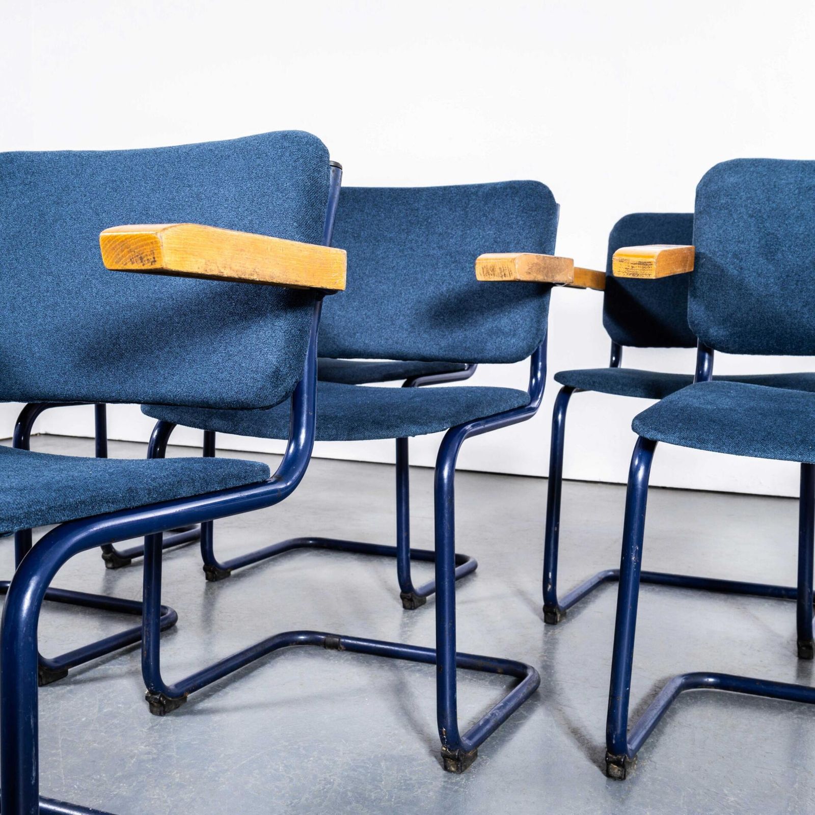 1970's Cantilever Blue Frame Dining Chair With Denim Blue Upholstery   Set Of Eight