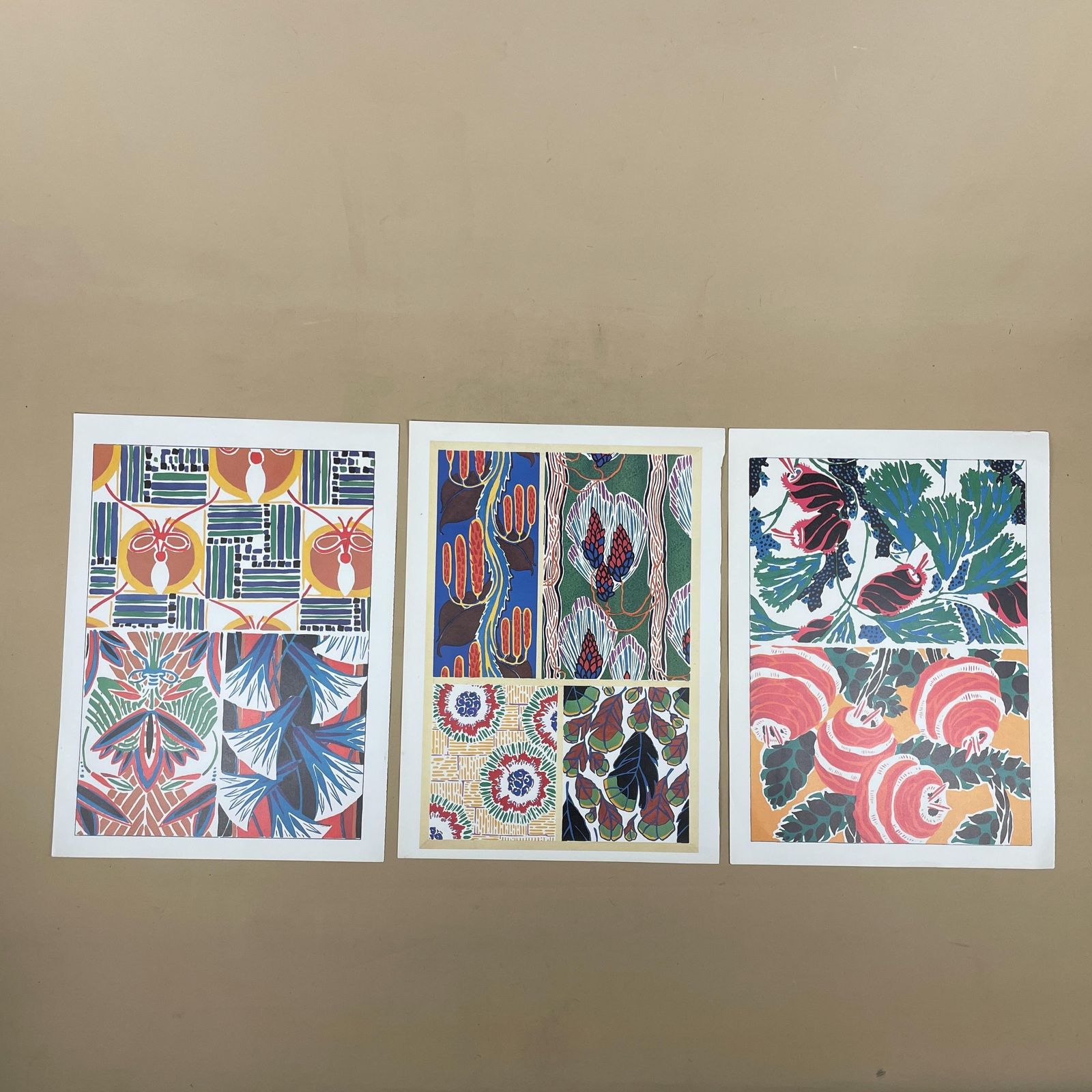 Trio Of Unframed Abstract Floral Designs Picture Book Prints 80's Textile Wall Art Decor Bright Colourful Red Yellow Blue Orange