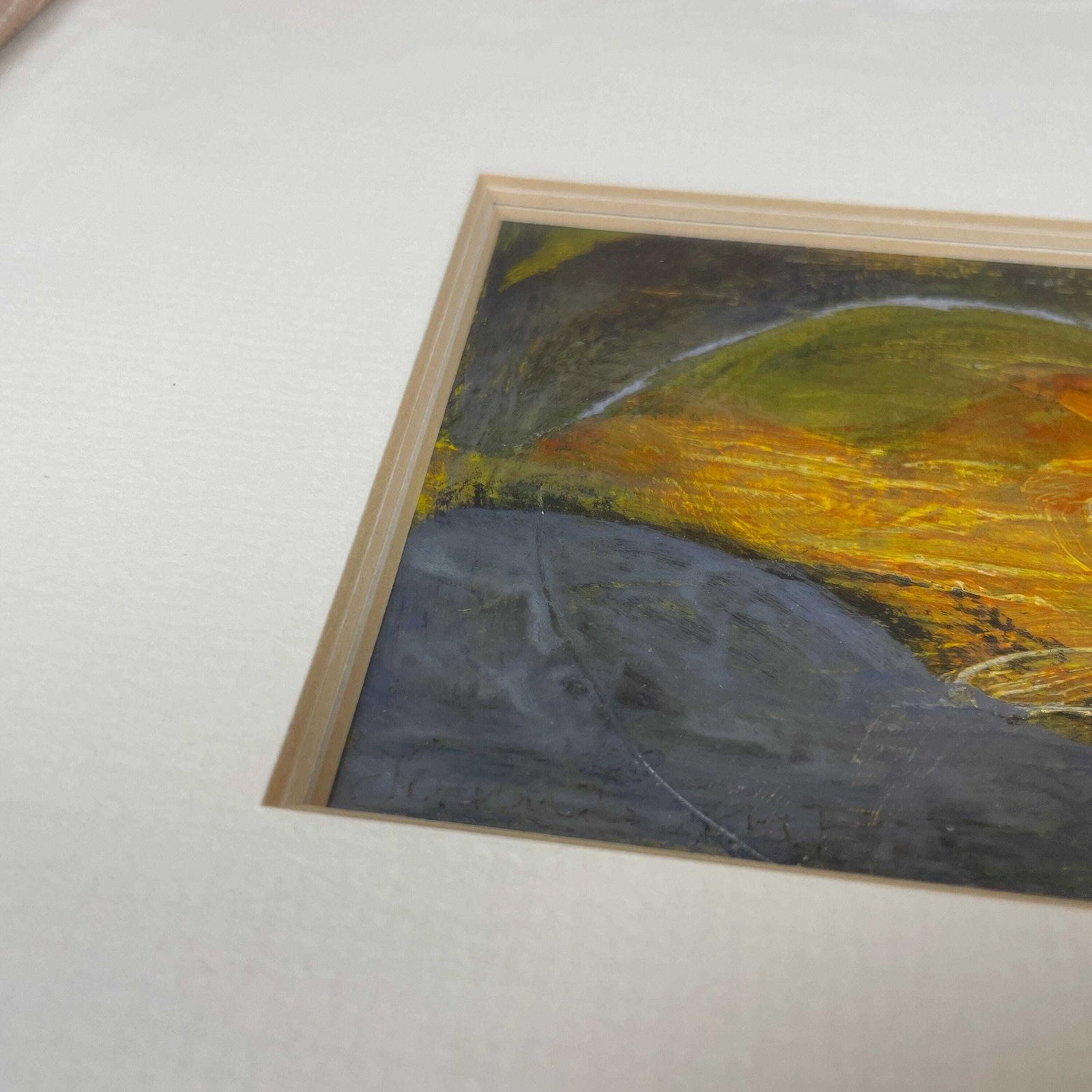 Joanna Day Artwork Original Art Acrylic Hand Painted Abstract Wooden Frame Warm Green Blue Yellow Orange 36cm X 34cm Small Focal photo vinterior