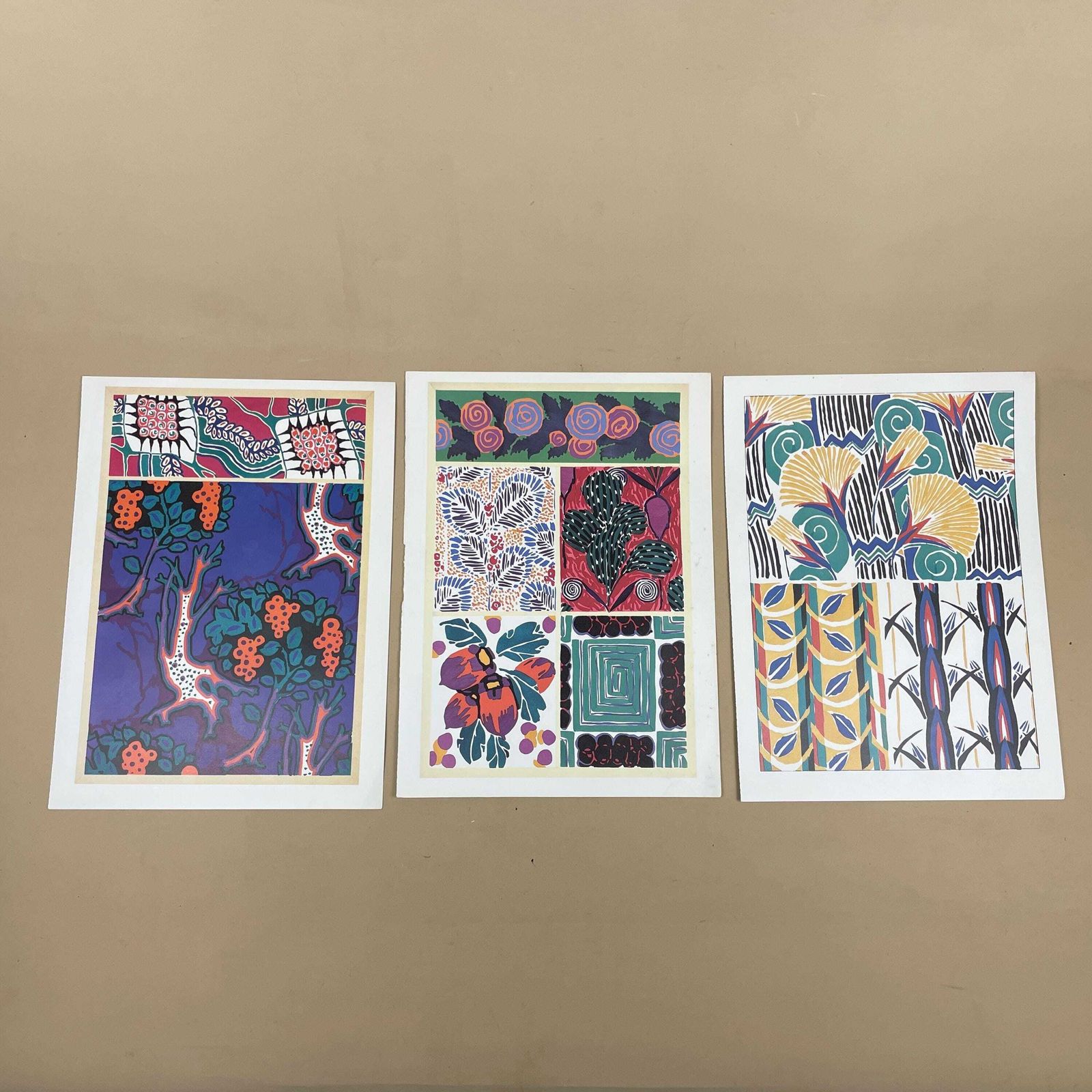 Trio Of Unframed Abstract Floral Designs Picture Book Prints 80's Textile Wall Art Decor Bright Colourful Purple Yellow Green photo furniture