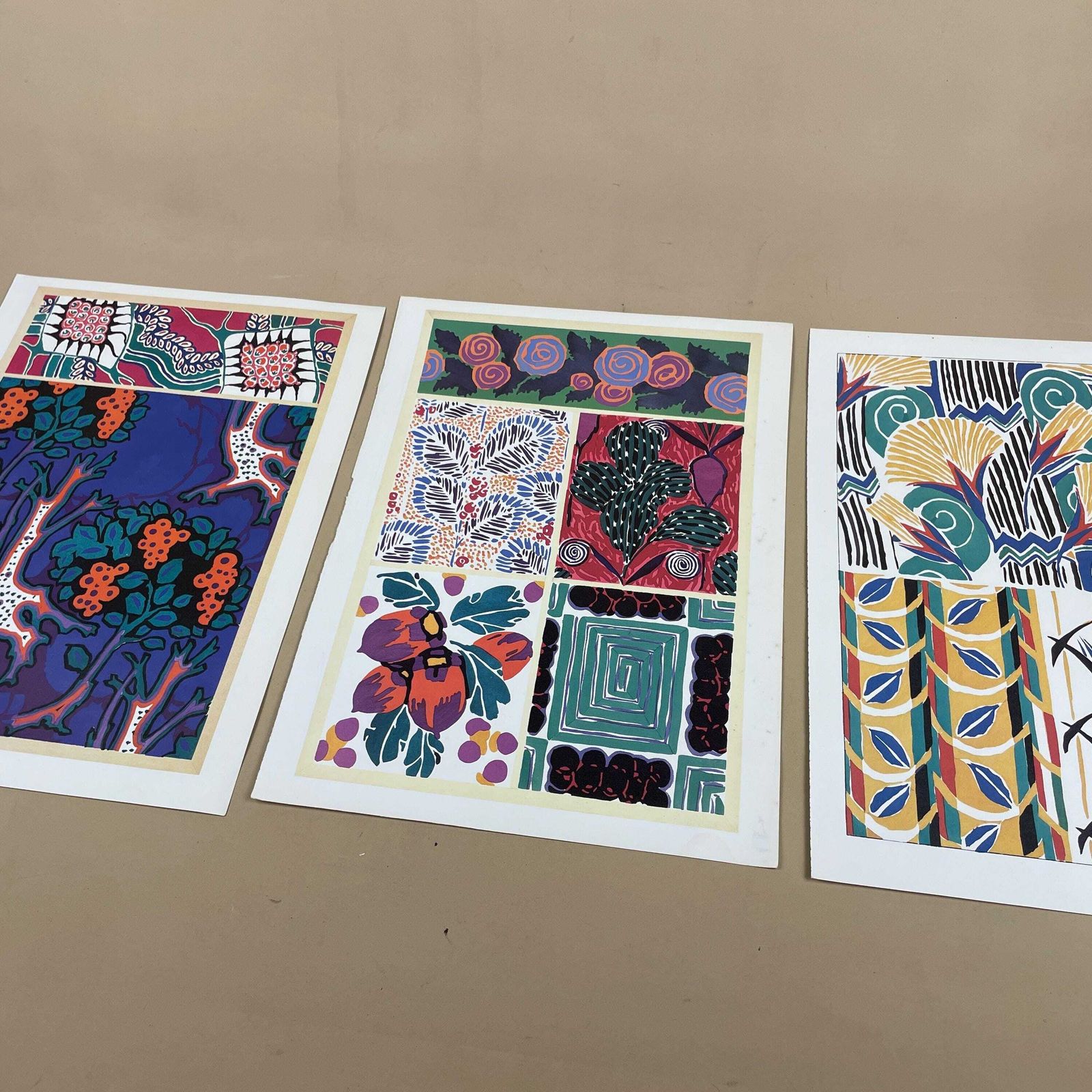 Trio Of Unframed Abstract Floral Designs Picture Book Prints 80's Textile Wall Art Decor Bright Colourful Purple Yellow Green photo Art
