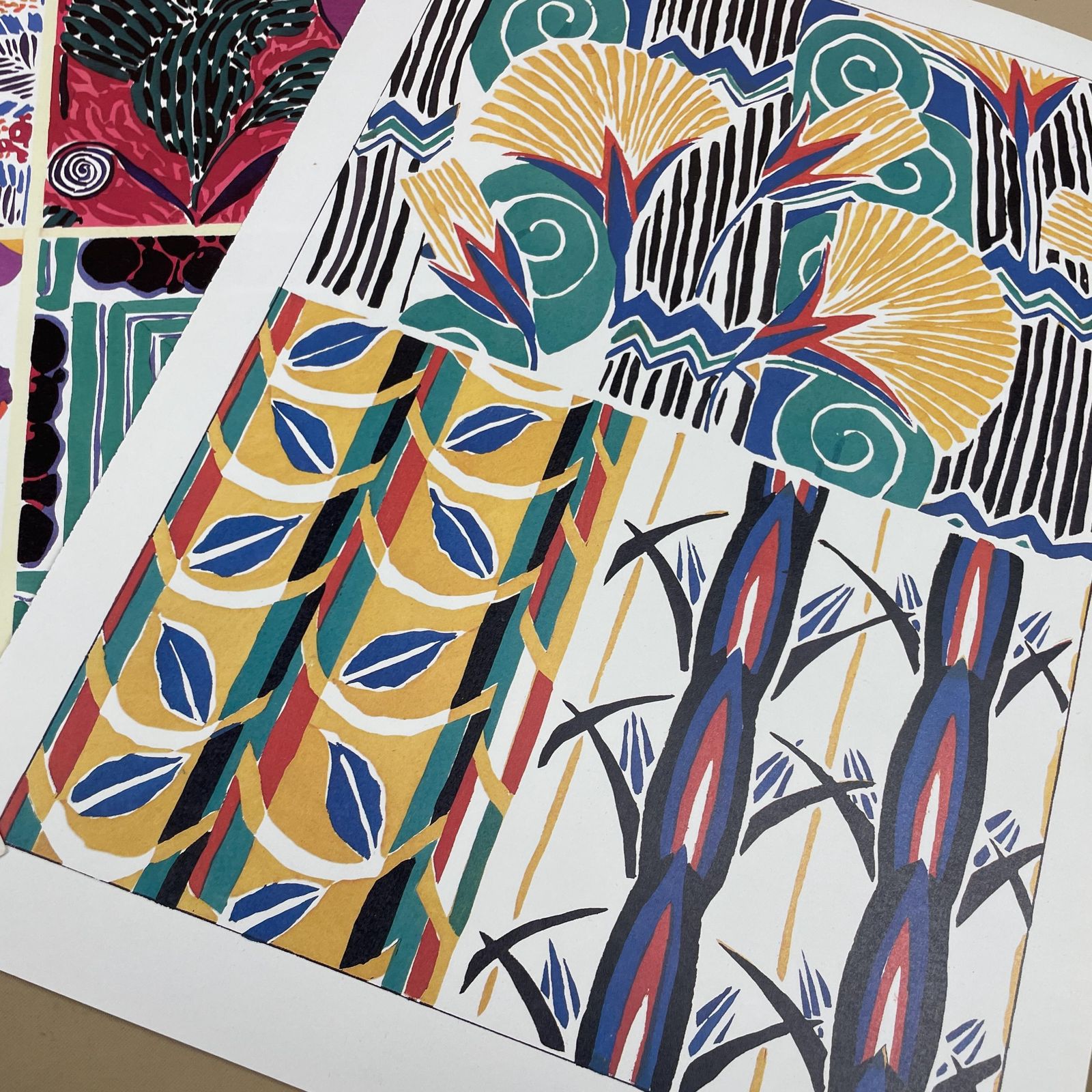 Trio Of Unframed Abstract Floral Designs Picture Book Prints 80's Textile Wall Art Decor Bright Colourful Purple Yellow Green photo buy
