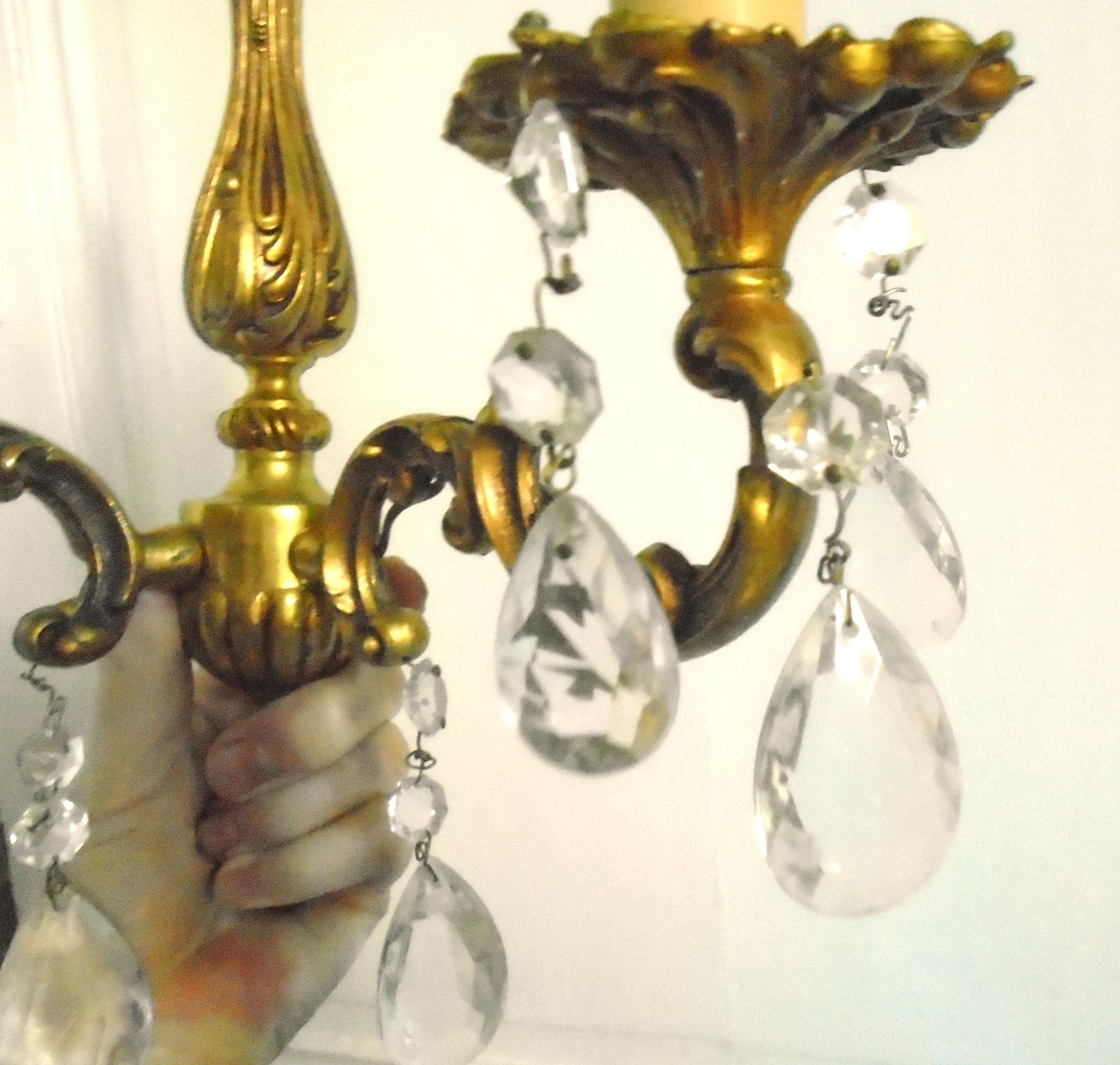 Two Antique French Double Candle Wall Sconces With Glass Crystal Drops photo Lighting