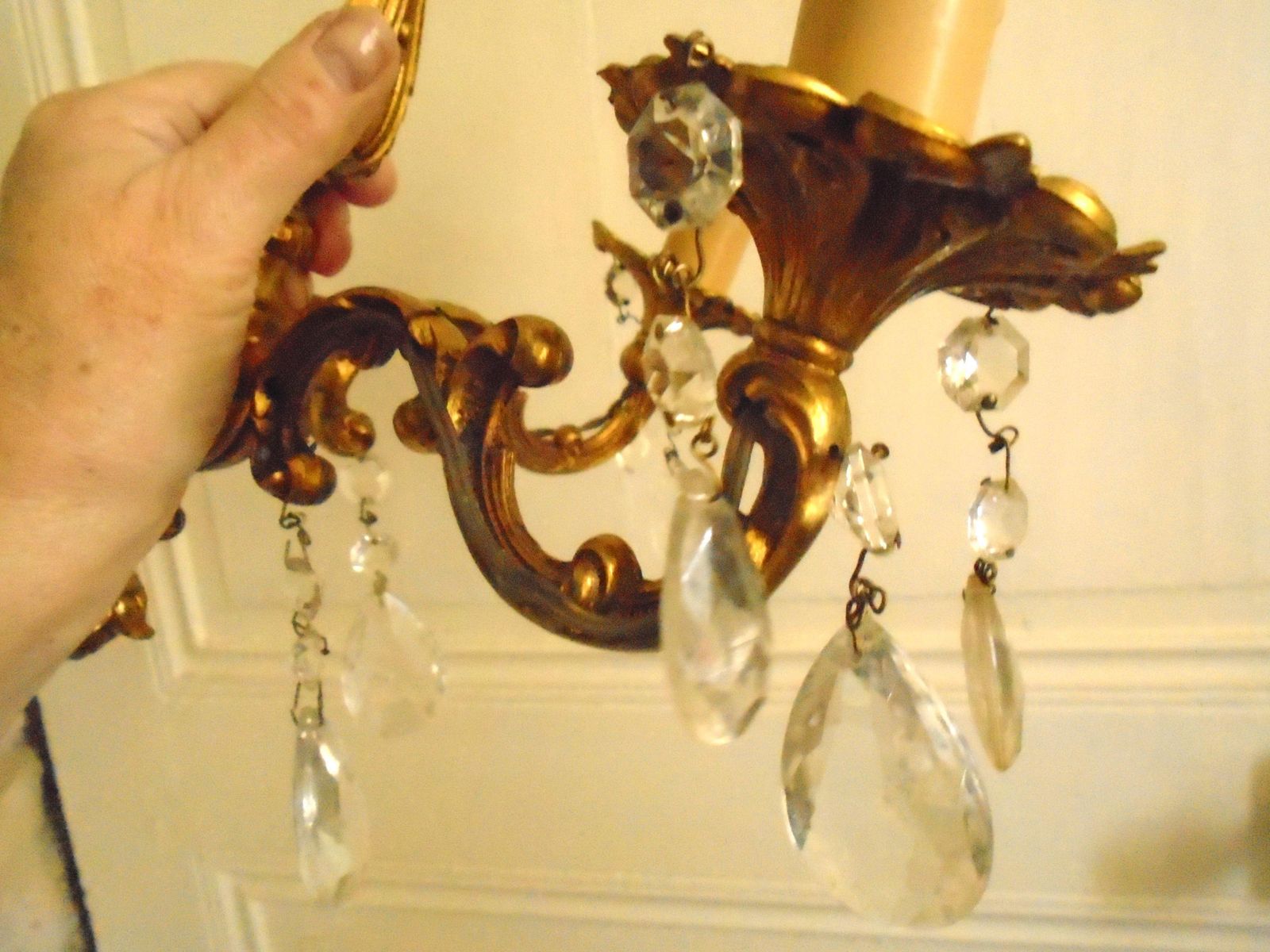 Two Antique French Double Candle Wall Sconces With Glass Crystal Drops photo vintage