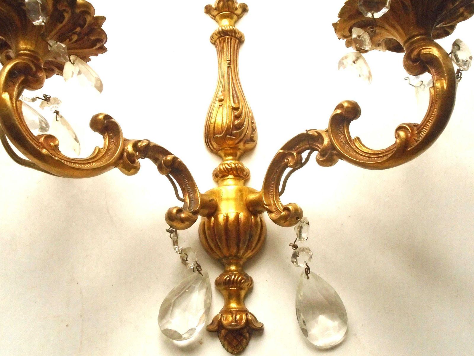 photo for sale Two Antique French Double Candle Wall Sconces With Glass Crystal Drops