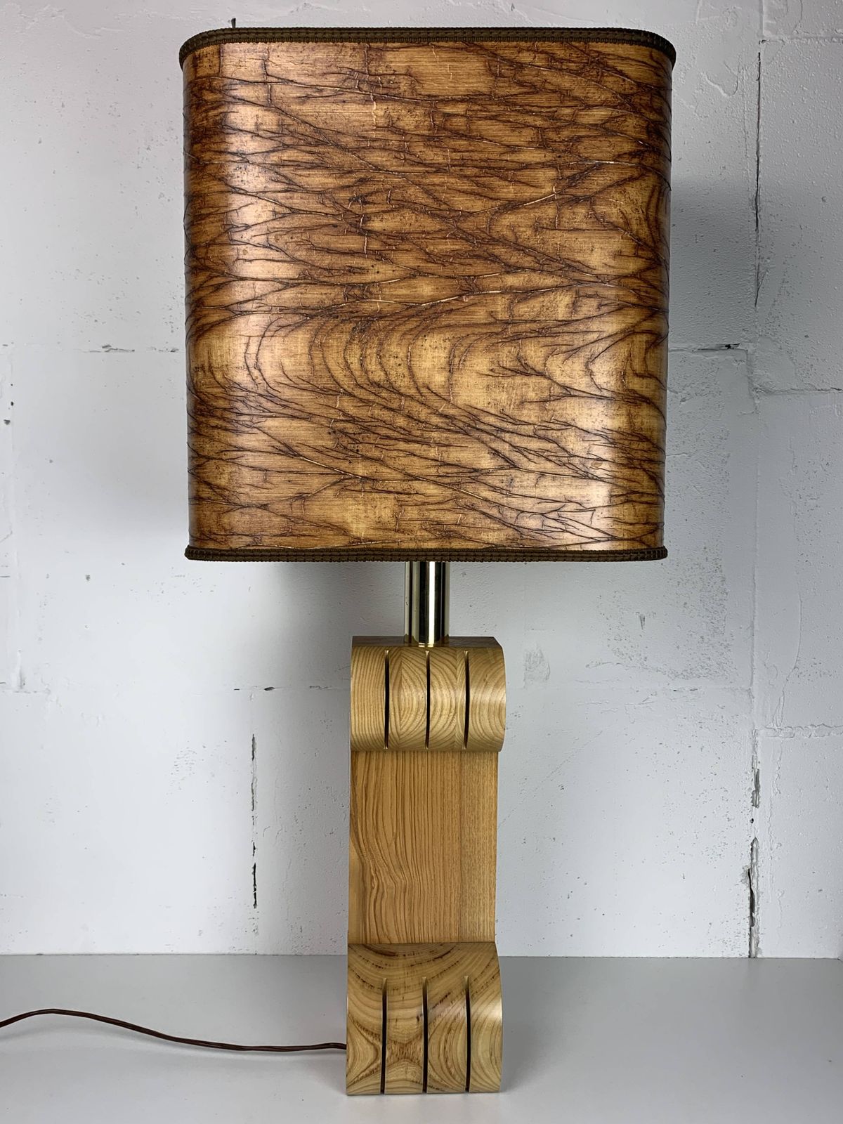 Midcentury Italian Sculptural Large Table Lamp With Wood Veneer Shade photo Lighting