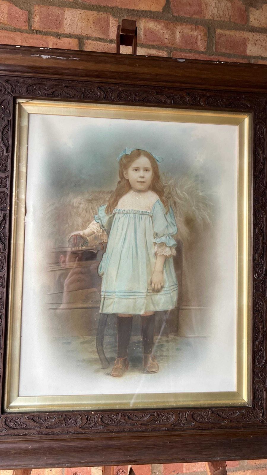 Early 1900s Large Framed Canvas Portrait – Young Girl In Blue Dress photo furniture