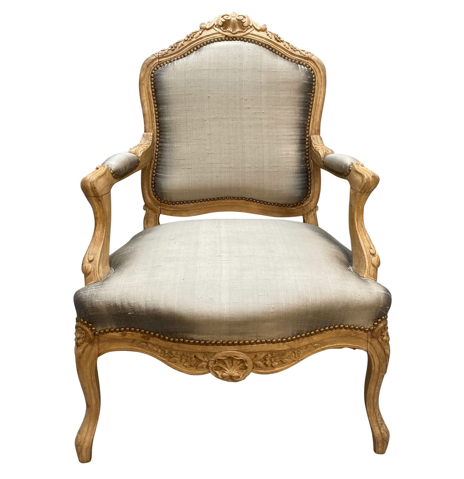 A Bleached Fruitwood Louis XV Armchair Upholstered In Silk photo furniture